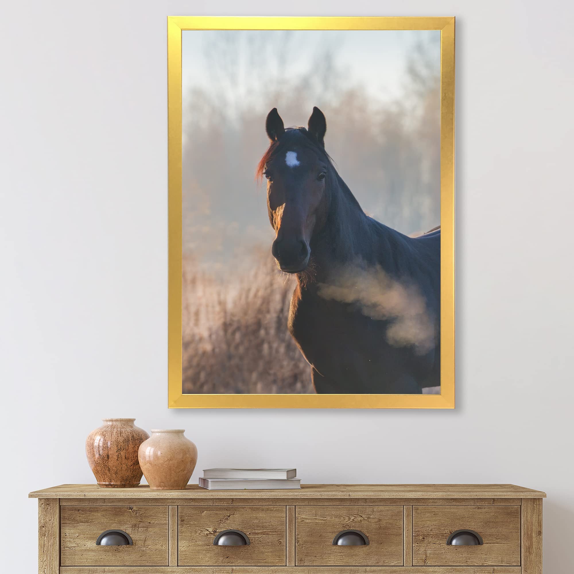 DesignQ Framed Horse Portrait Wall Art - Autumn Morning Farmhouse Decor for Living Room, Bedroom & Office