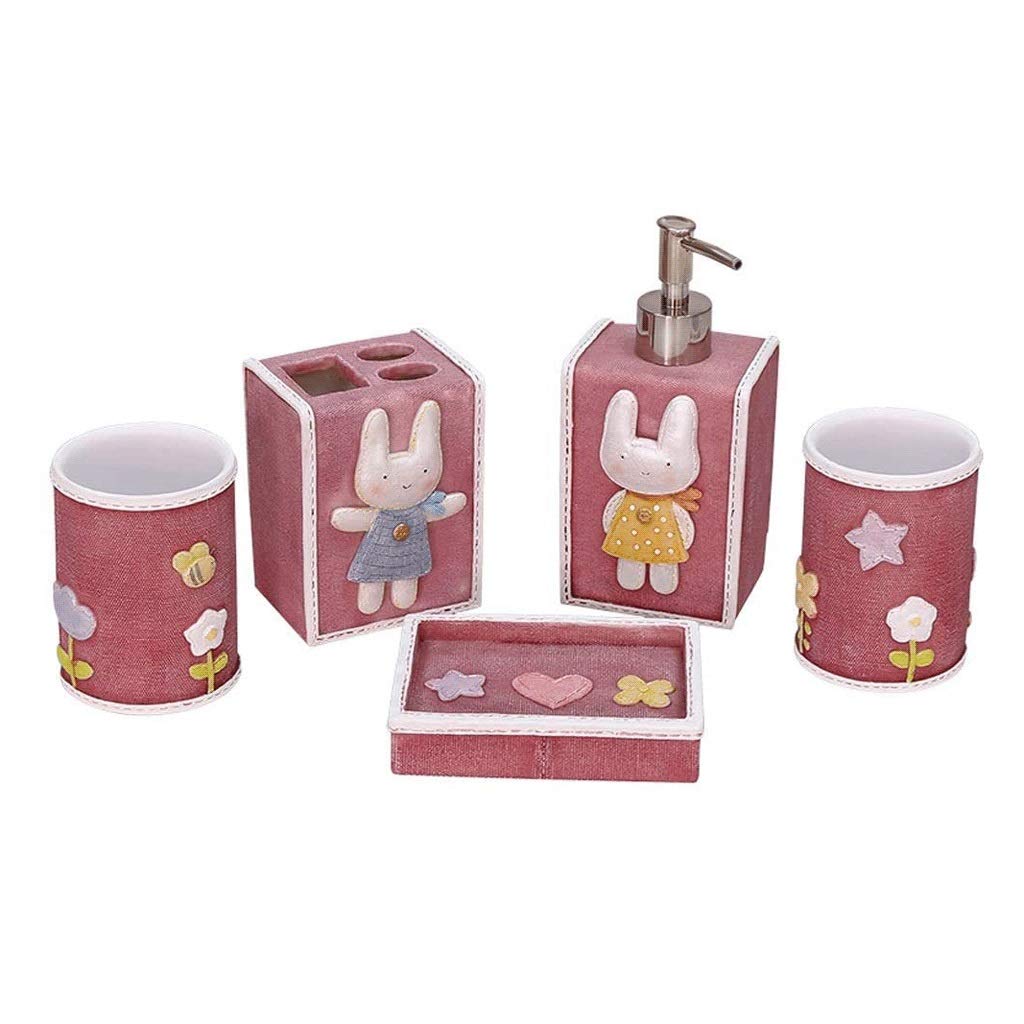 Cute Bunny Soap Dispenser 5-Piece Bathroom Set - Toothbrush Holder, Cup & Pump Bottle for Kitchen & Bath | Perfect Gift for Girls & Girlfriends (Pink) | Ideal for Home, Apartment & Dorm Decor