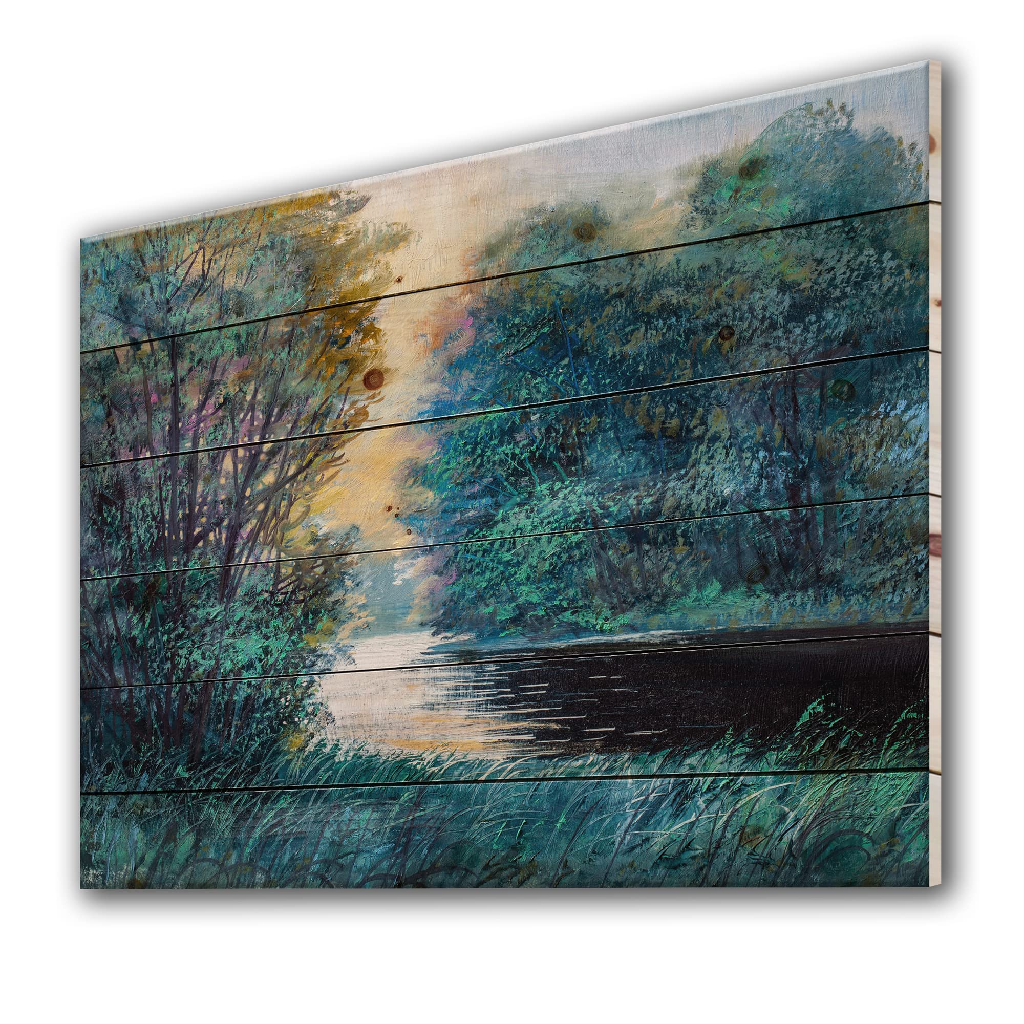 Farmhouse Wood Wall Decor - Summer Forest River Landscape Art Print on Natural Pine Wood, Blue Wood Wall Art for Living Room, Bedroom & Office