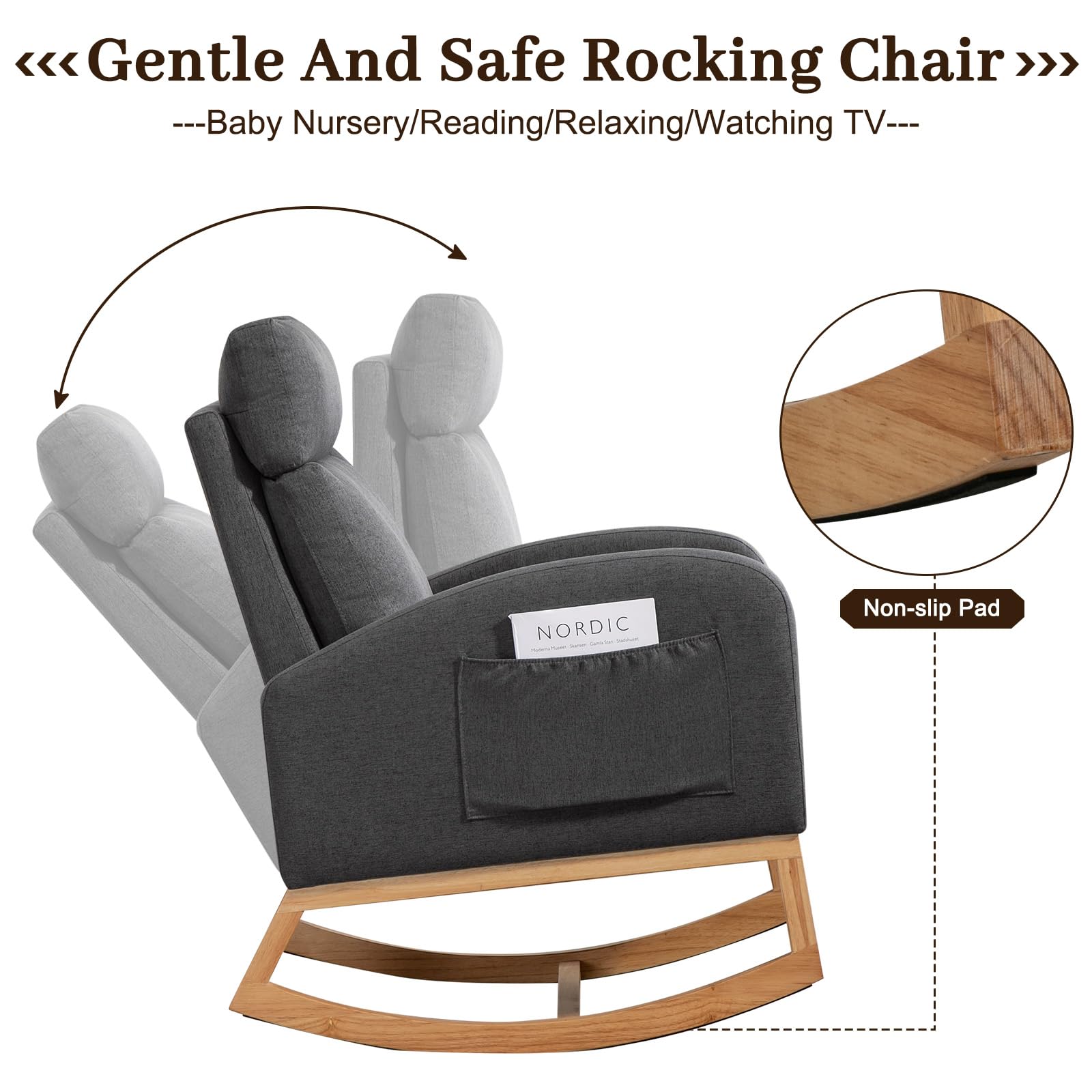 Nursery Glider Rocking Chair with High Backrest & Side Pockets - Upholstered Rubber Wood Rocker for Baby Nursery, Living Room & Bedroom - Dark Gray - Perfect for Breastfeeding, Reading & Relaxing