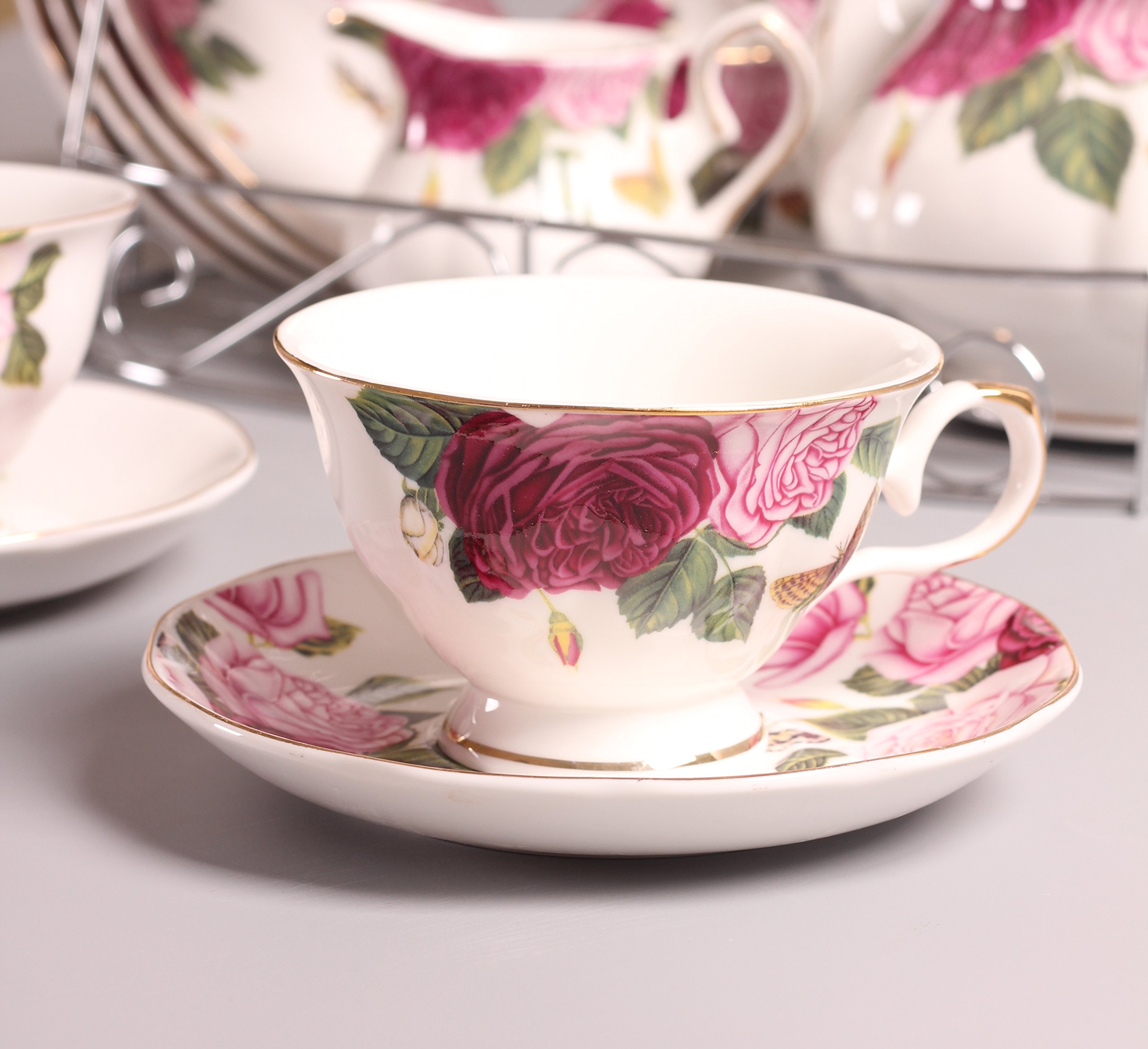 Elegant Bone China Butterfly & Floral Printed Porcelain Tea Set with Lid & Saucer - 15-Piece Coffee & Tea Cup Set for Afternoon Tea, Bridal Shower, and Luxury Home Decor