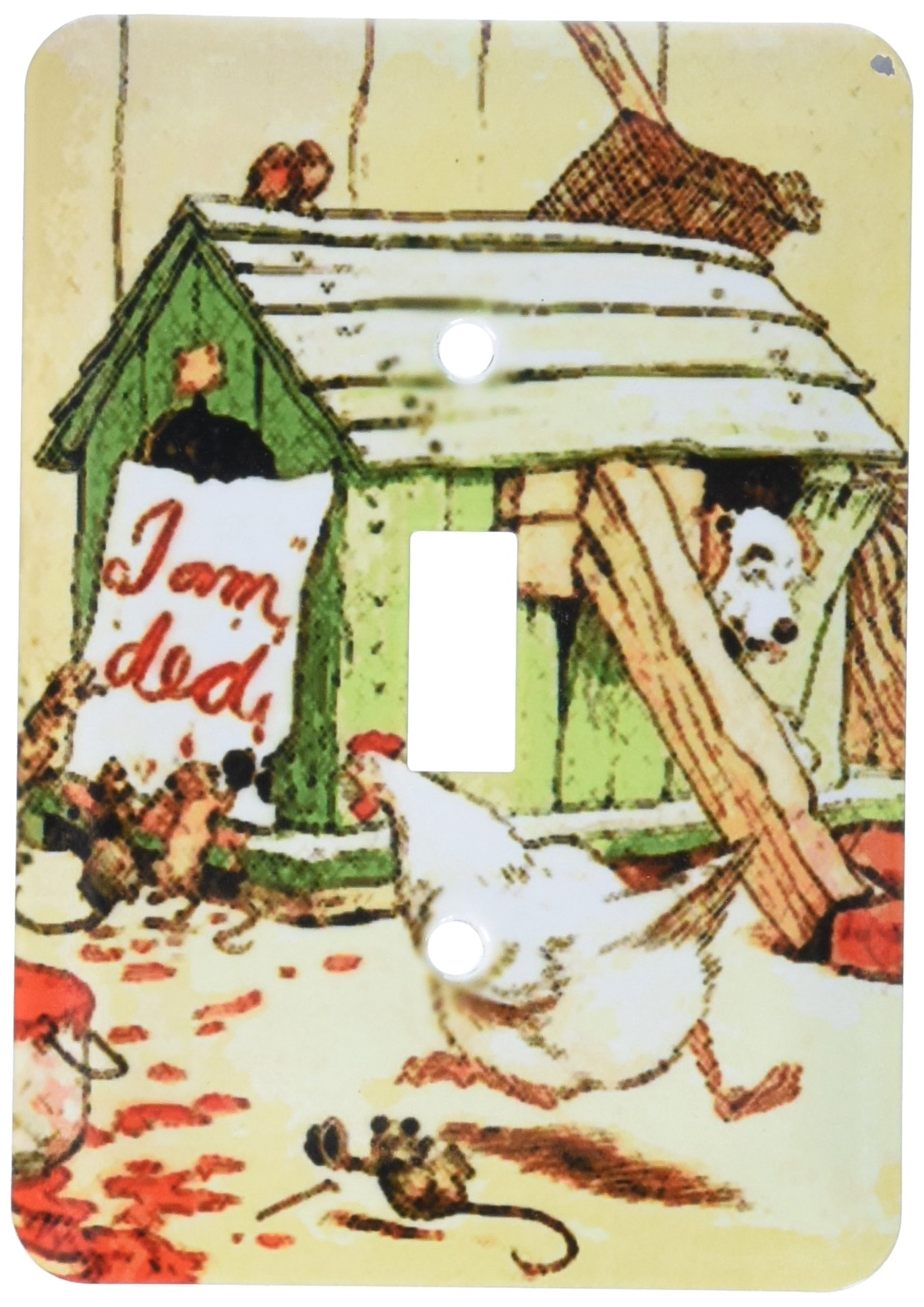Vintage Cartoon Dead Dog Sign with Chicken Light Switch Cover - Funny & Unique Wall Decor for Home, Office, or Bar - Perfect for Animal Lovers & Retro Style Enthusiasts