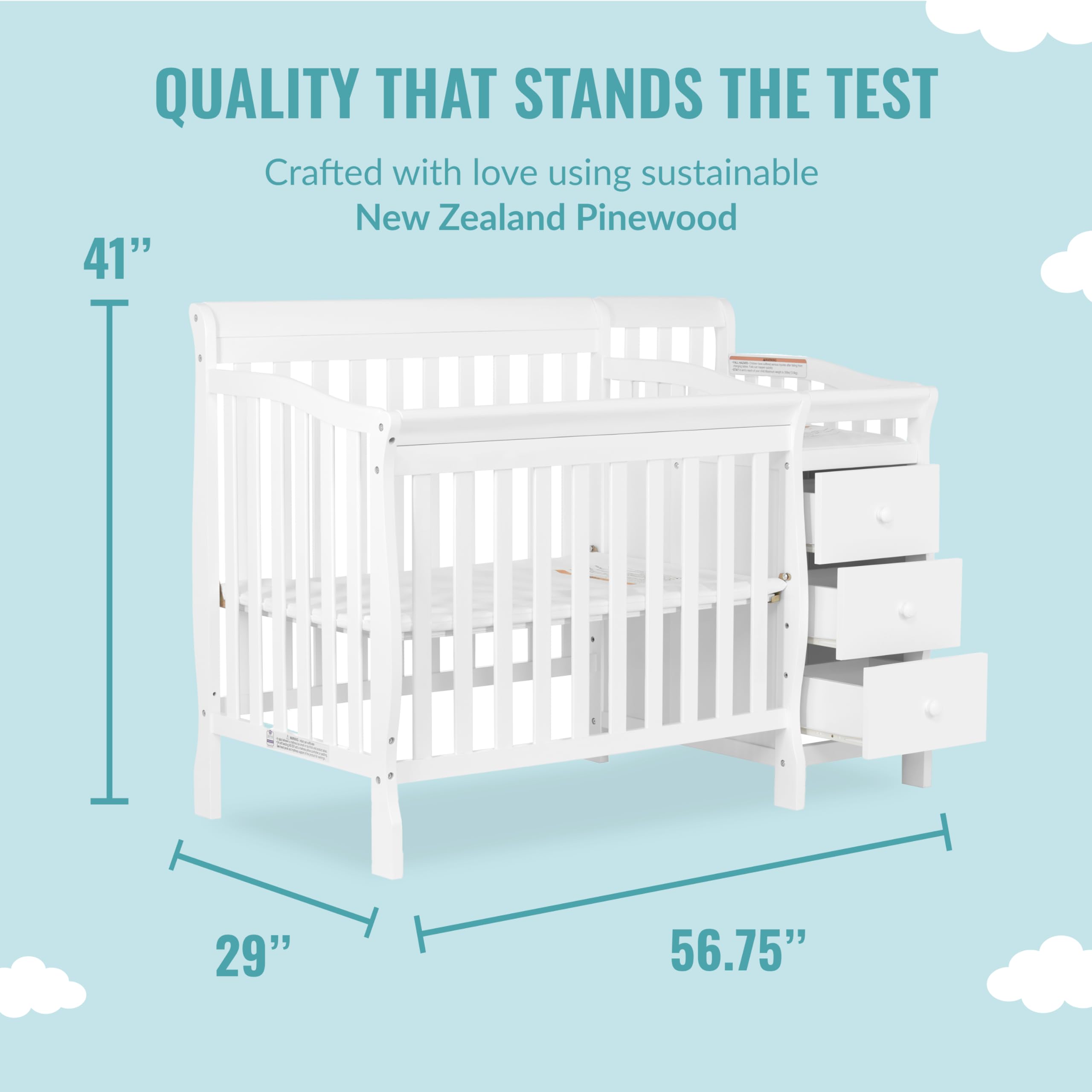 Dream On Me Jayden 4-in-1 Mini Convertible Crib & Changer - White | Greenguard Gold Certified | Non-Toxic New Zealand Pinewood | 1