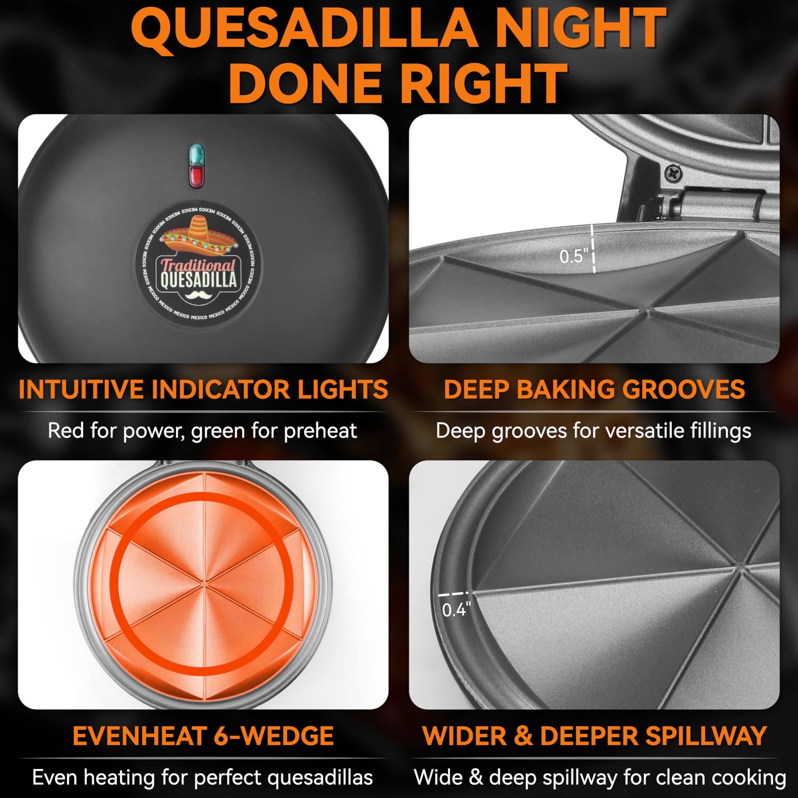 Baker's Friend Electric Quesadilla Maker - 9.5 Inch Non-Stick Surface with Extra Stuffing Design, 6-Wedge Easy Slice, Non-Slip Feet - Perfect for Grilled Cheese, Quesadillas & Quick Snacks at Home or Parties