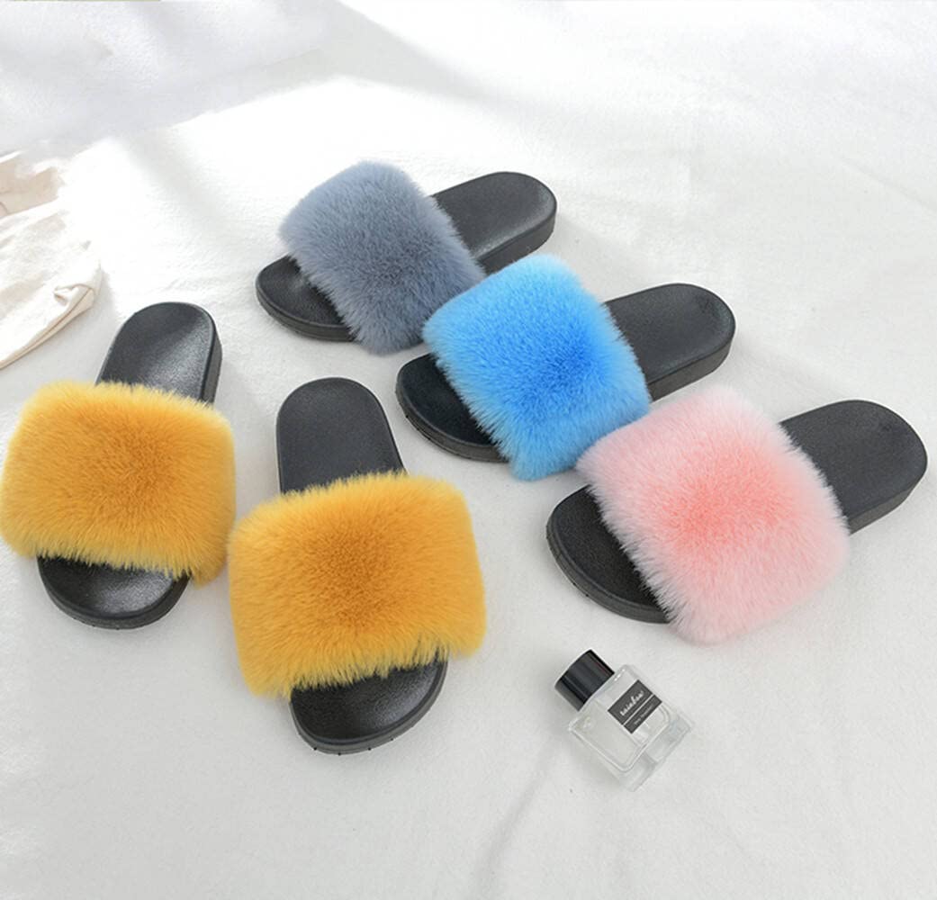 Dayiss Women's Fuzzy Fur Slides - Soft Fluffy Slippers for Indoor/Outdoor Use, Open Toe House Shoes, Comfortable Summer Sandals - Perfect for Lounging, Running Errands & Beach Trips