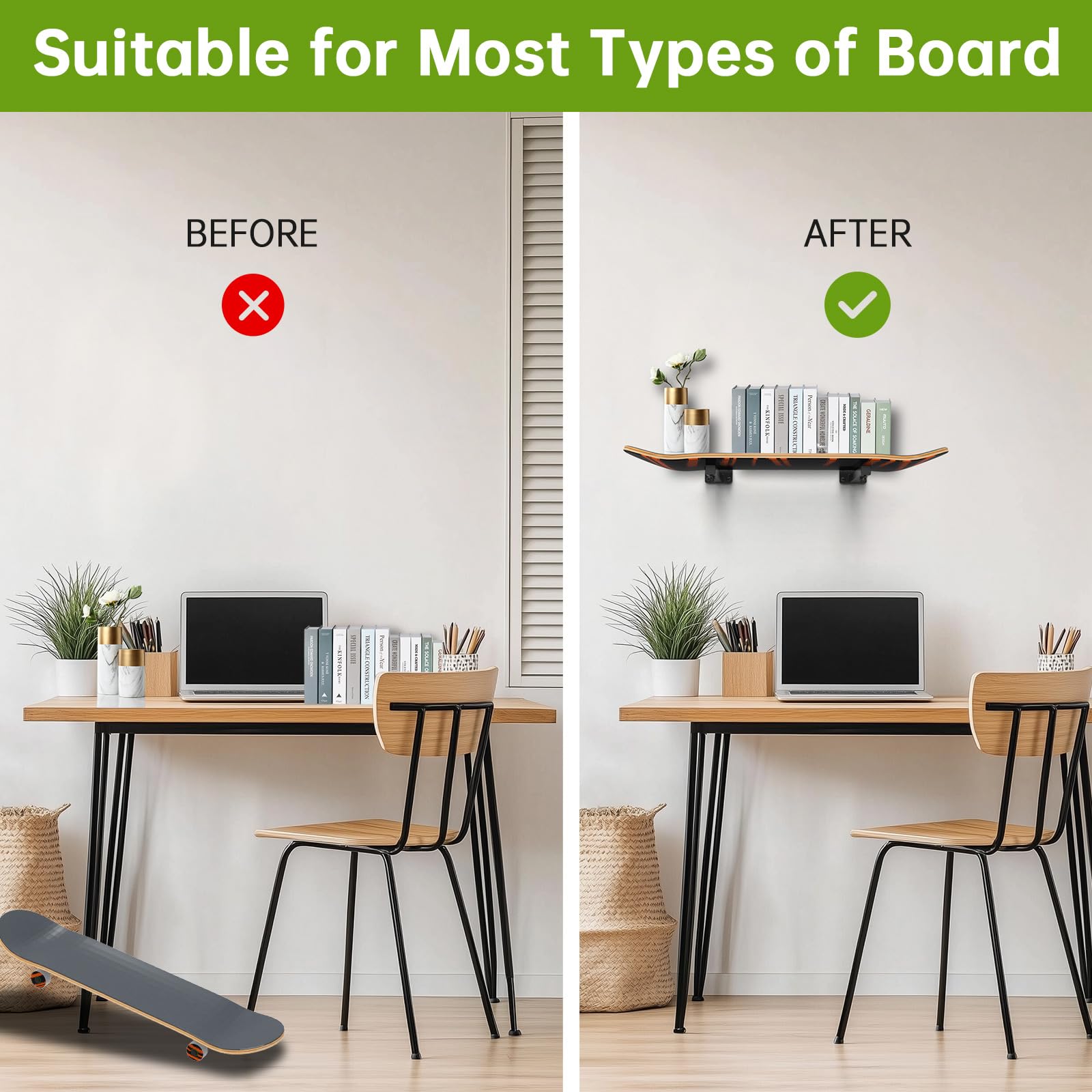 4 Pack Snowboard Wall Mount - Heavy Duty Snowboard & Skateboard Storage Rack with Floating Shelves - Perfect for Garage, Bedroom, or Sports Gear Display (Black) - Ideal for Organizing Snowboards, Skateboards, and Longboards