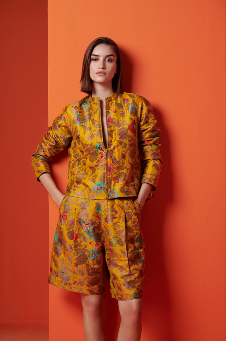 Musafir Jacket - Silk Brocade Mustard Gold Coat for Women | Elegant Traditional Outerwear for Weddings, Parties & Special Occasions