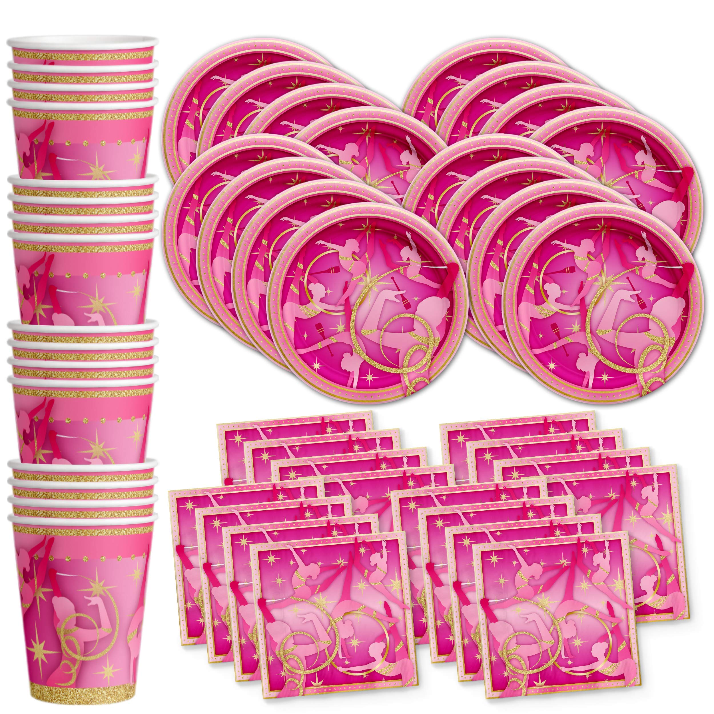 Pink and Gold Gymnastics Birthday Party Supplies Set - 16-Piece Tableware Kit with Plates, Napkins & Cups for Girls' Gymnastics Themed Party Decorations