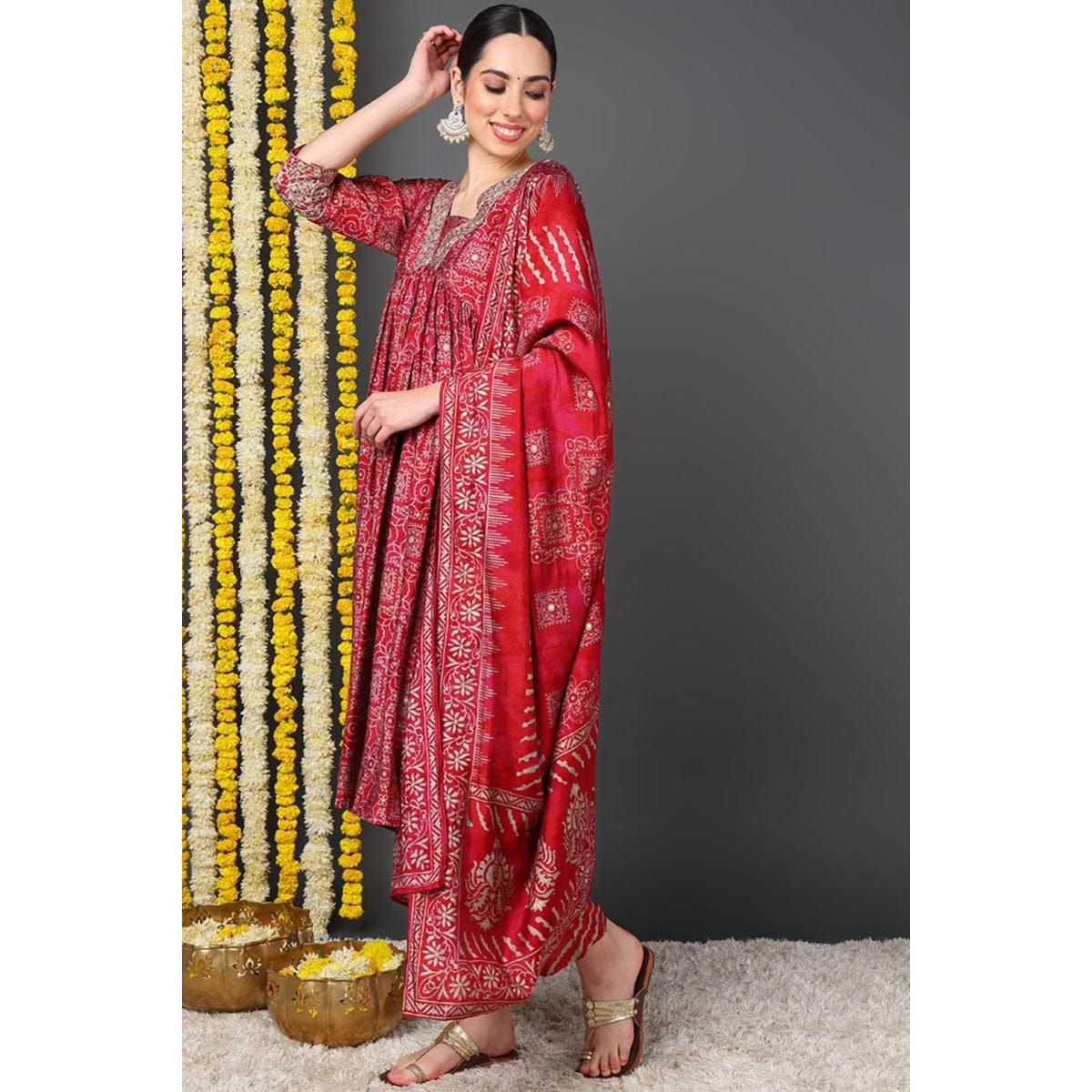 Stylish Maroon Printed Flared Suit Set for Women | Elegant Party Outfit & Festive Wear | Perfect for Weddings, Cocktail Parties & Holiday Celebrations