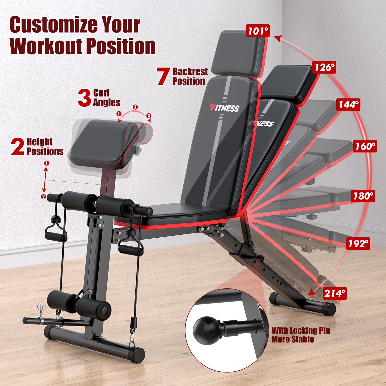 XDDIAS Adjustable Weight Bench for Home Gym - Foldable Exercise Bench with Leg Extension & Preacher Curl Pad - Quick Adjustment Incline Bench Press for Strength Training & Full Body Workouts - Perfect for Small Spaces & Home Fitness Routines