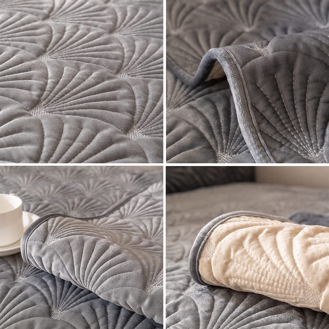 Premium Velvet Quilted Sofa Cover - Super Soft Non-Slip Sectional Couch Slipcover with Leaf Pattern, Plush Furniture Protector for Pets & Kids (Grey, 28