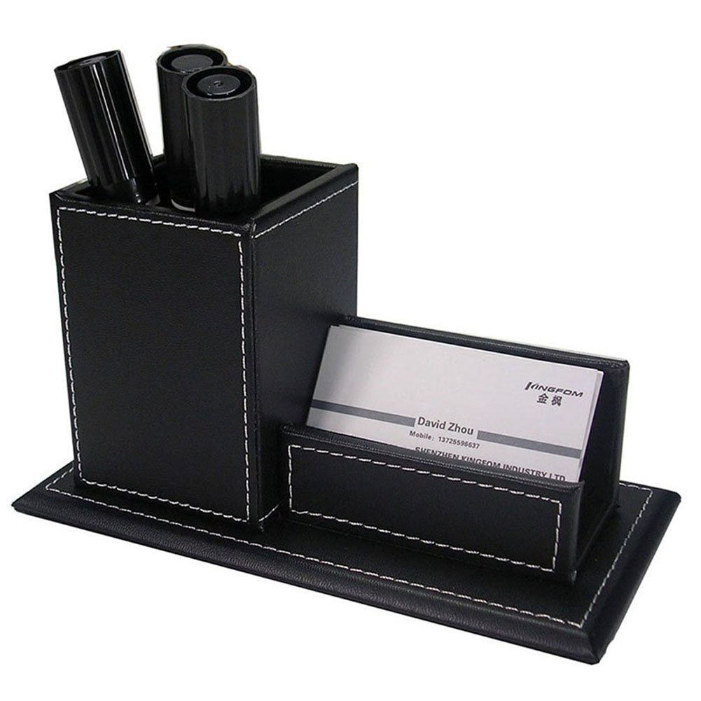 KINGFOM 5-Piece Office Desk Organizer Set - Synthetic Leather File Holder, Drawer Organizer, Pencil Holder, Memo Paper & Tissue Box Holder (T09-Black) - Perfect for Home Office, Workspace & Study Desk Organization