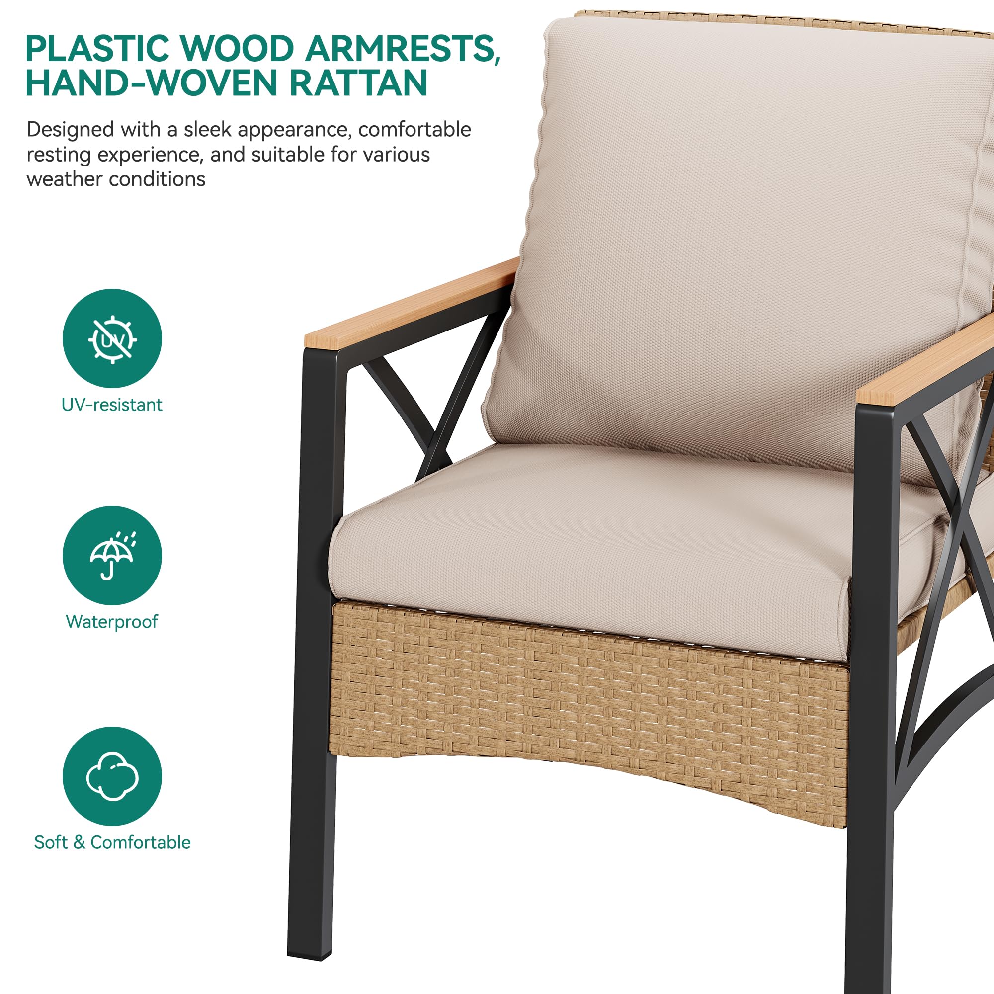 YITAHOME 4-Piece All-Weather Wicker Patio Furniture Set with Wood Armrests, Rattan Outdoor Conversation Set for Backyard, Balcony, Deck - Includes Soft Cushions & Durable Plastic Wood Table (Light Brown & Beige) | Perfect for Garden Relaxation, Poolside Lounging & Outdoor Entertaining
