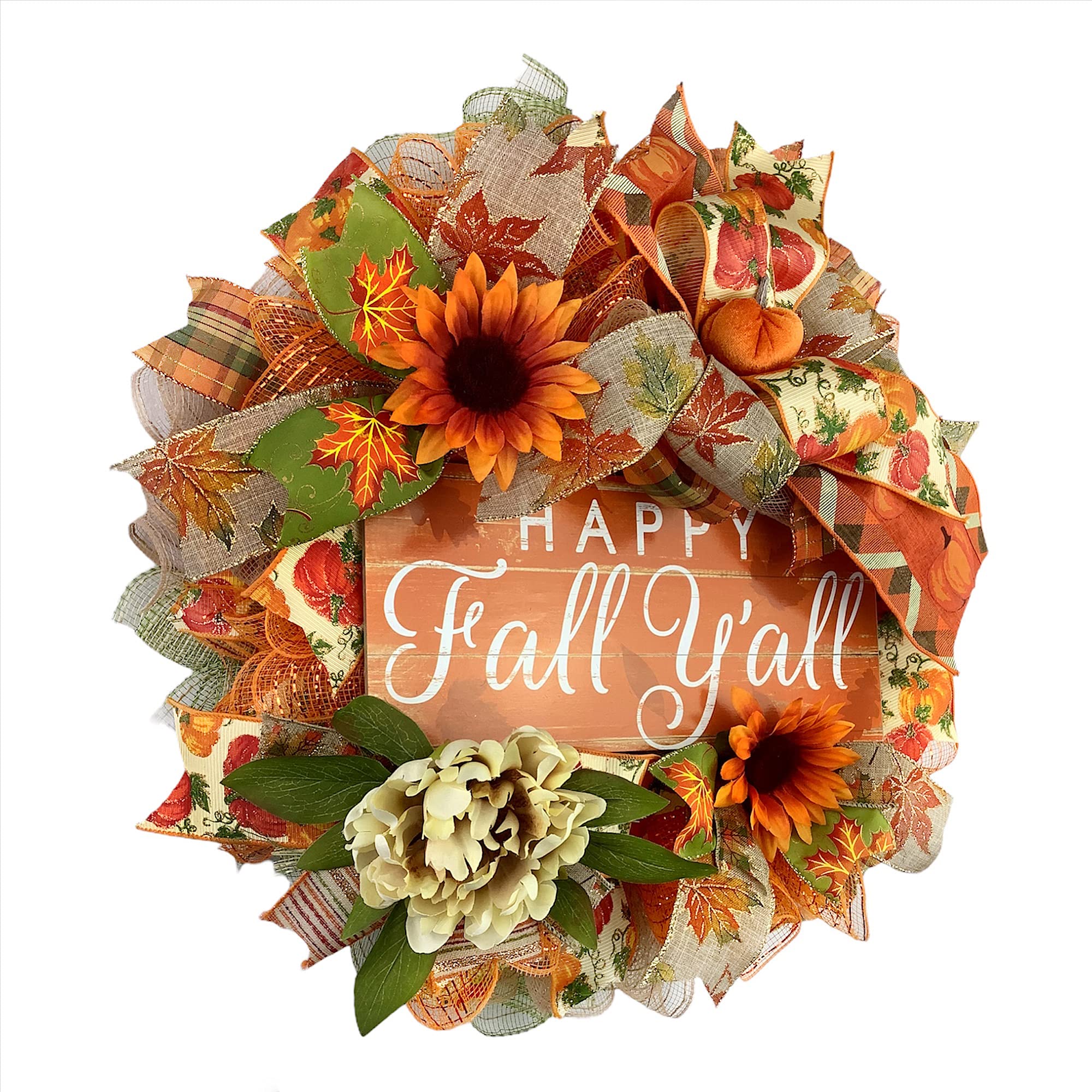 Handmade Happy Fall Y’all Autumn Wreath with Sunflowers, Mums & Bow - Rustic Front Door Decor for Porch, Thanksgiving & Seasonal Home Decoration