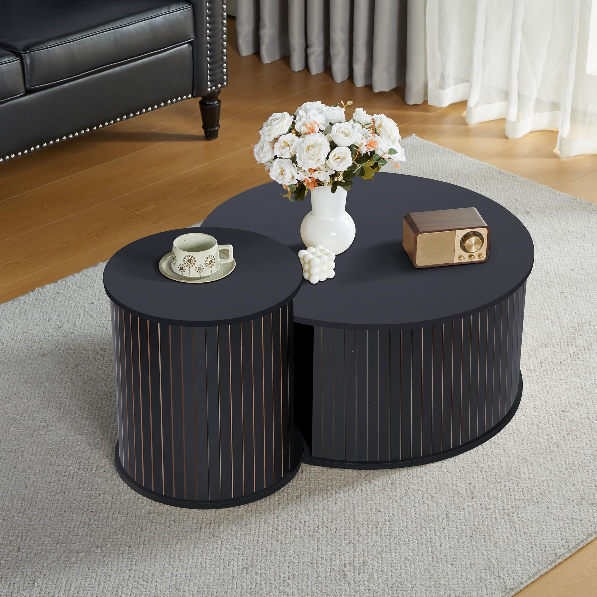 **Round Wooden Nesting Coffee Table Set of 2 - Modern Circle Side Tables for Living Room, Office & Balcony - Space-Saving Black End Tables (Perfect for Small Spaces & Home Decor)**