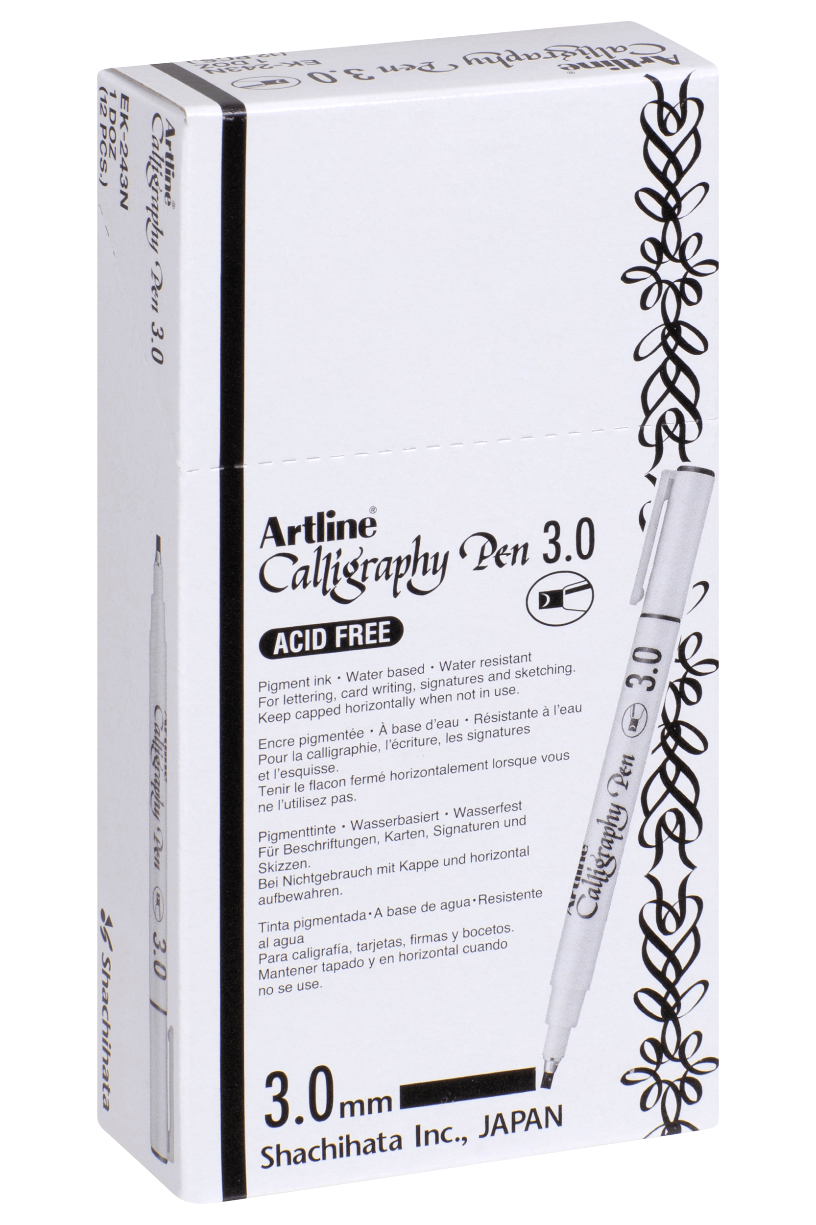 Artline 243 Calligraphy Pen Set - 3mm Black Fine Tip Markers (12 Pack) for Hand Lettering, Scrapbooking & DIY Crafts