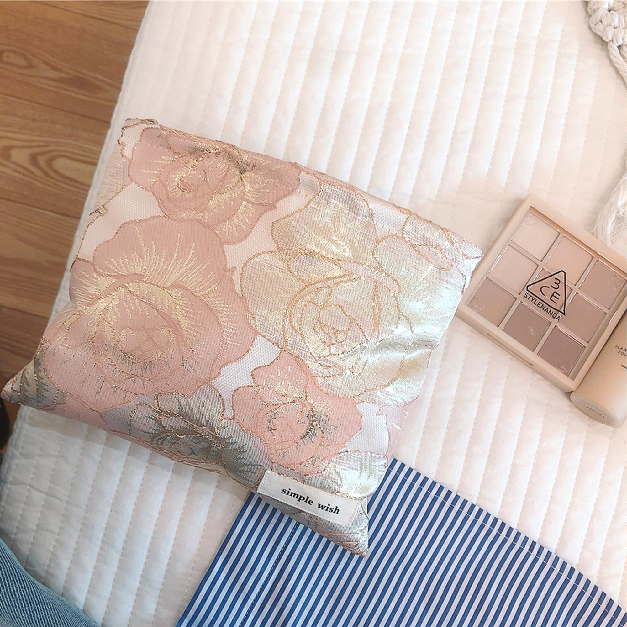 Small Preppy Embroidery Canvas Makeup Bag for Women - Cute Zipper Pouch Cosmetic Organizer, Travel Toiletry Bag (Gold Pink Flowers, Small) - Perfect for Daily Essentials & Weekend Getaways