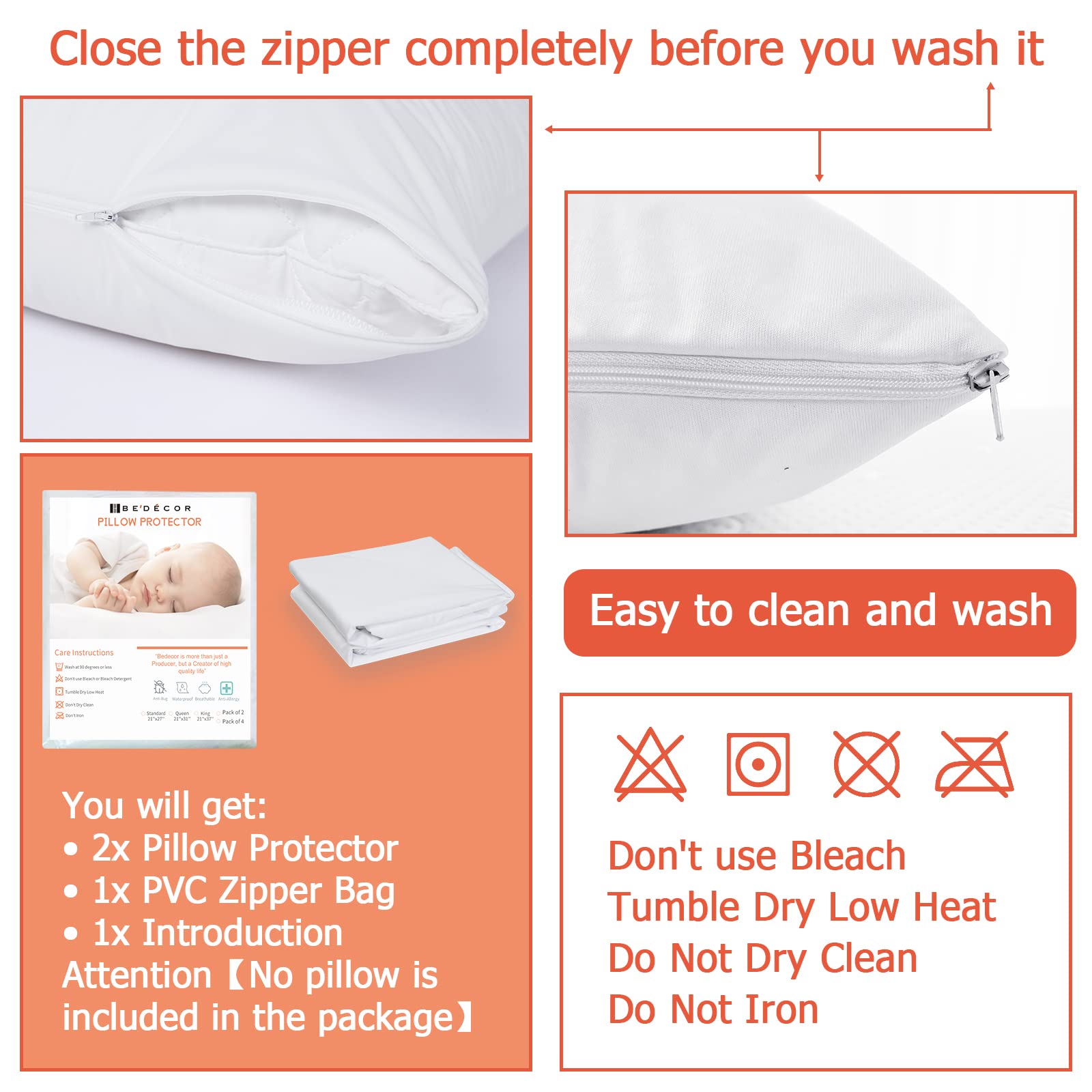 Bedecor Queen Size Waterproof Pillow Protectors with Zipper - 2 Pack Dust Proof Pillow Covers Encasement, Breathable Holes for Air Circulation - Perfect for Allergy Relief, Bedding Protection & Hotel Use