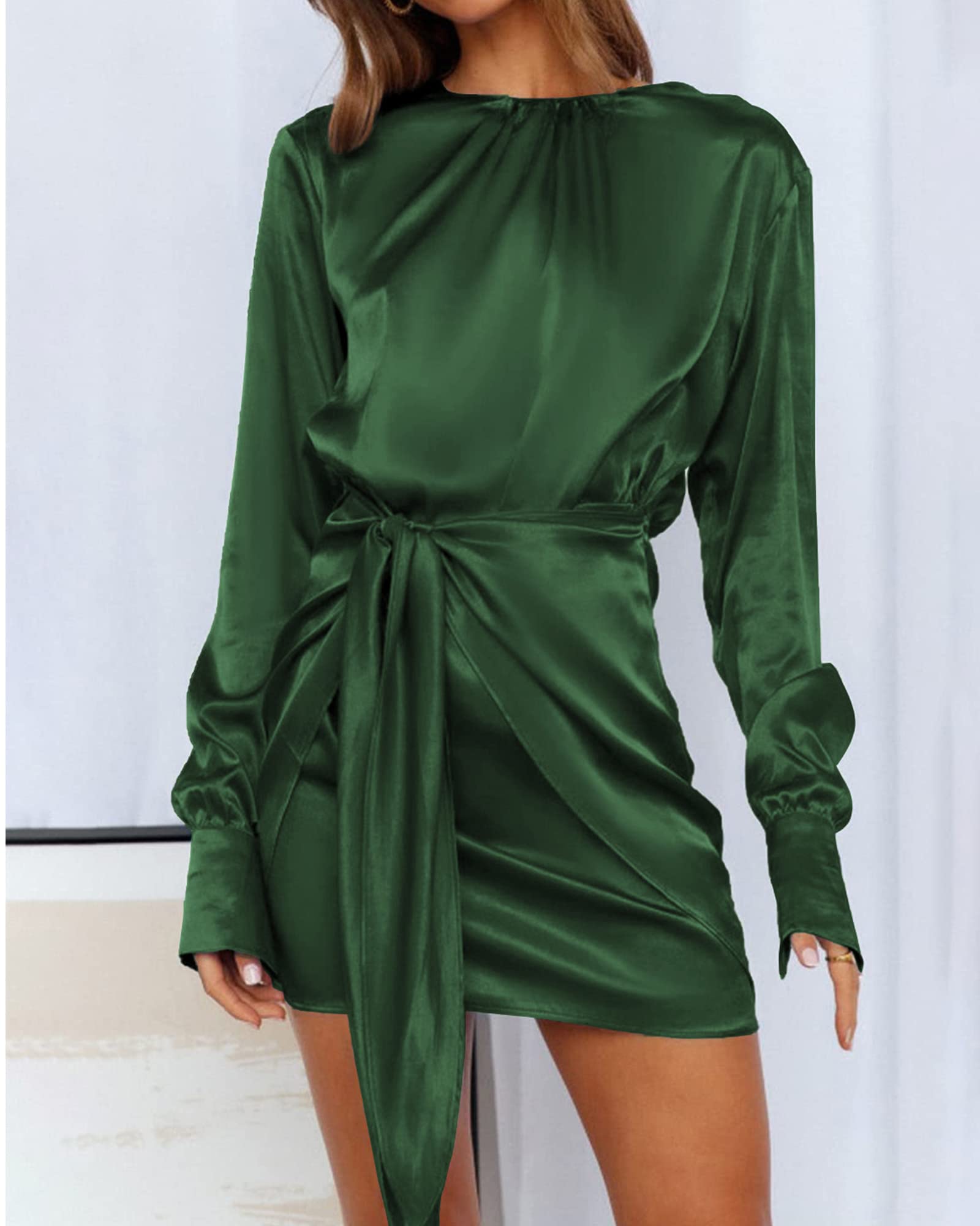 BTFBM Women's Casual Long Sleeve Ruched Wrap Dress - Crew Neck Tie Waist Short Party Cocktail Dress in Satin Fabric - Perfect for Office, Date Night & Special Occasions