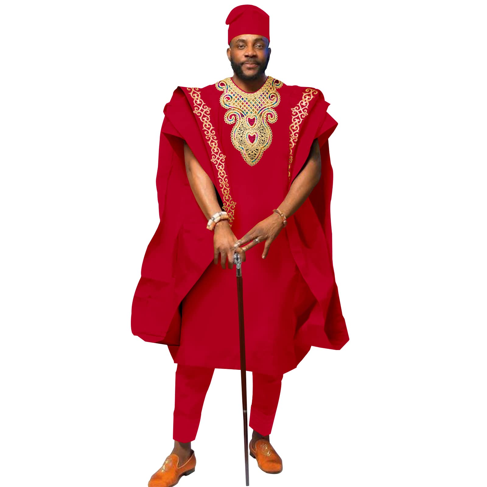 African Men's Agbada Outfit 4-Piece Set - Embroidered Traditional Wedding Attire with Shirt, Pants & Hat for Special Occasions | Perfect for Weddings, Evening Events & Cultural Celebrations
