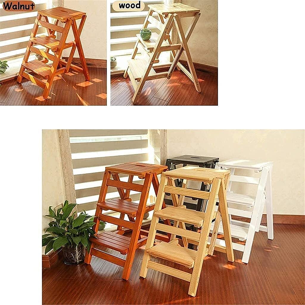 XHALERY 3-Step Folding Wooden Step Stool with Extendable Ladder - Portable Foldable Chair Stool for Kitchen, Bathroom, and Home Use - Perfect for Reaching High Shelves and Storage Spaces