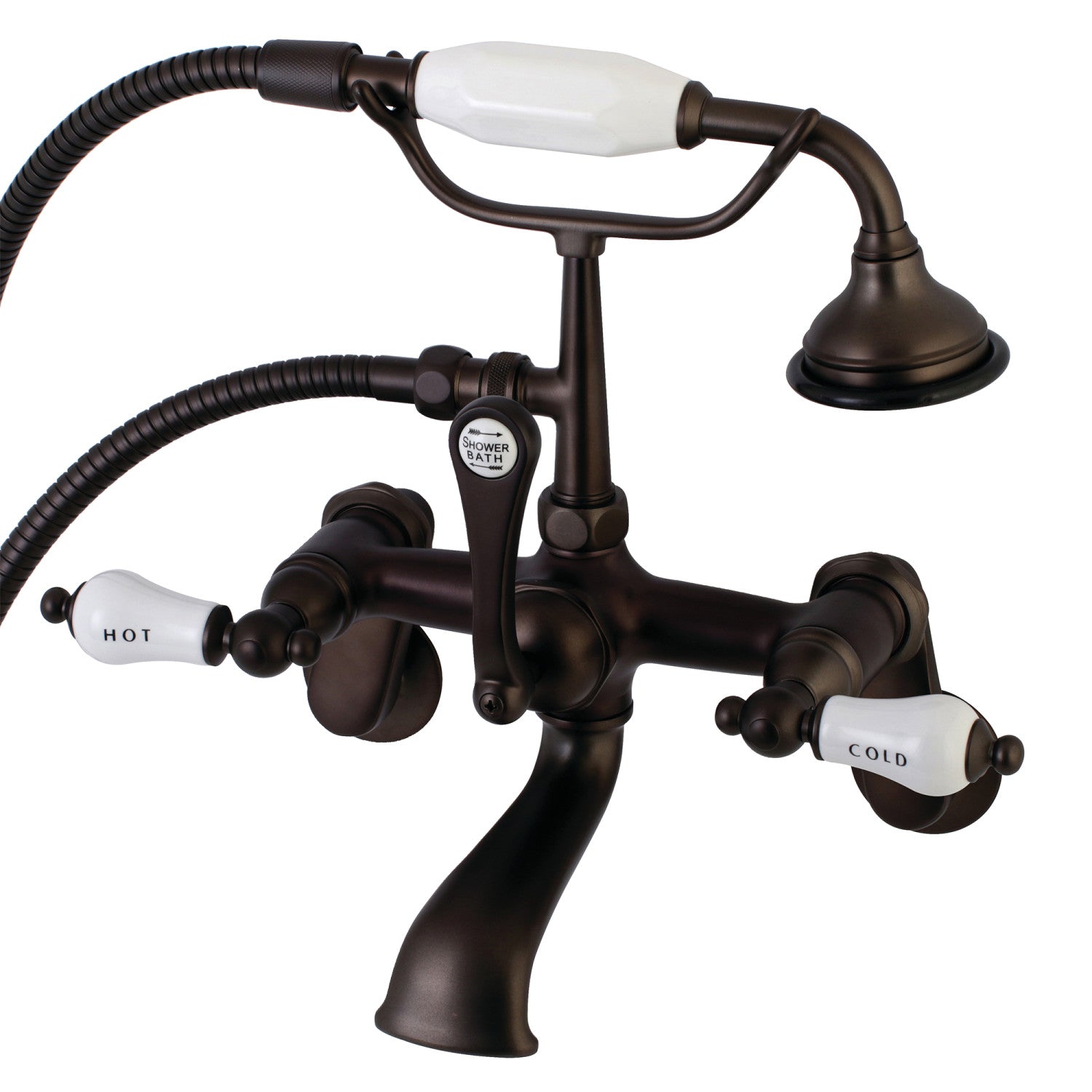 Vintage AE53T5 3-Handle 2-Hole Wall Mount Clawfoot Tub Faucet with Hand Shower in Oil Rubbed Bronze - Perfect for Classic Bathroom Renovations & Luxury Spa Retreats
