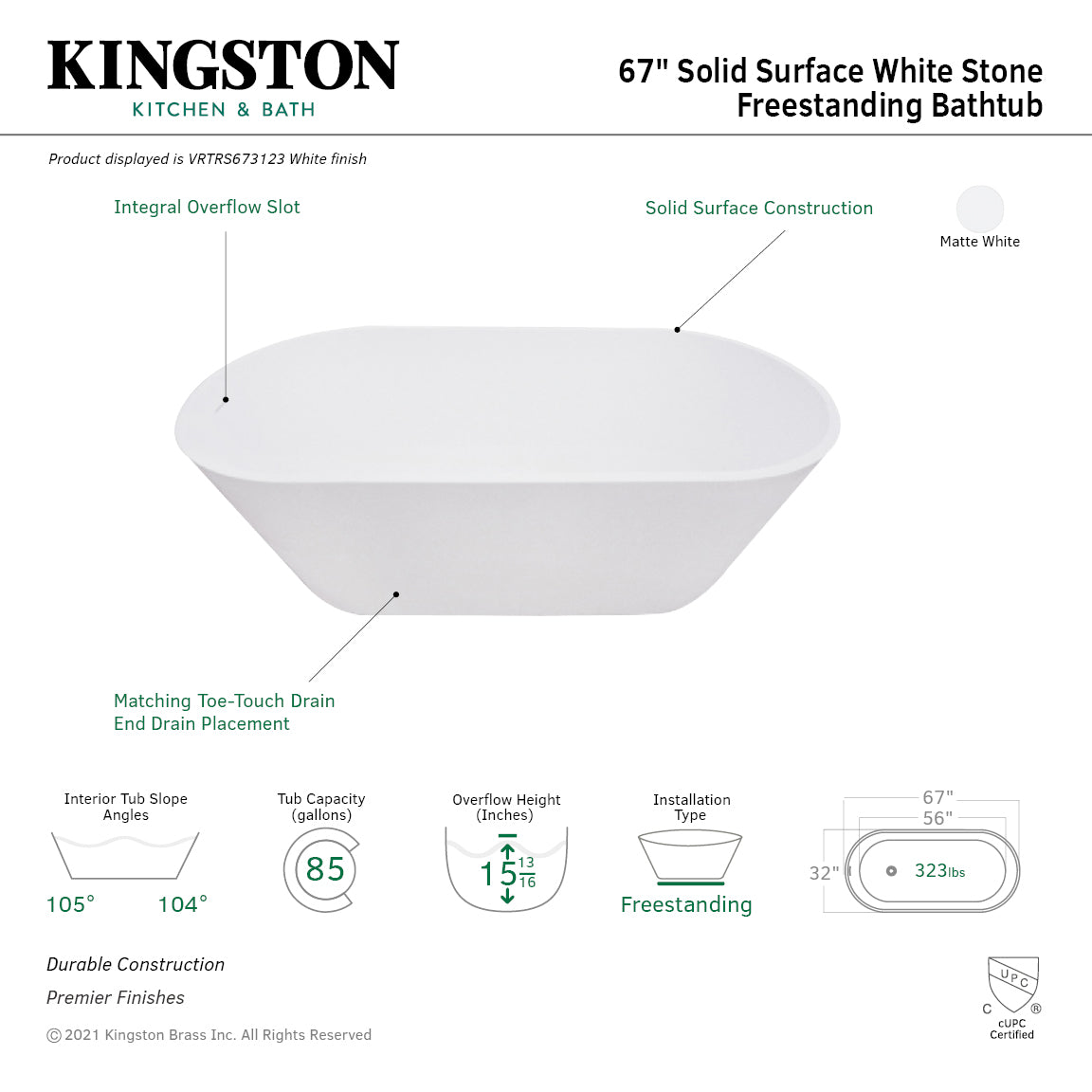 Arcticstone 67 Inch Freestanding Oval Bathtub - Solid Surface Double Ended Soaking Tub with Drain in Matte White | Perfect for Luxury Bathrooms & Spa Relaxation