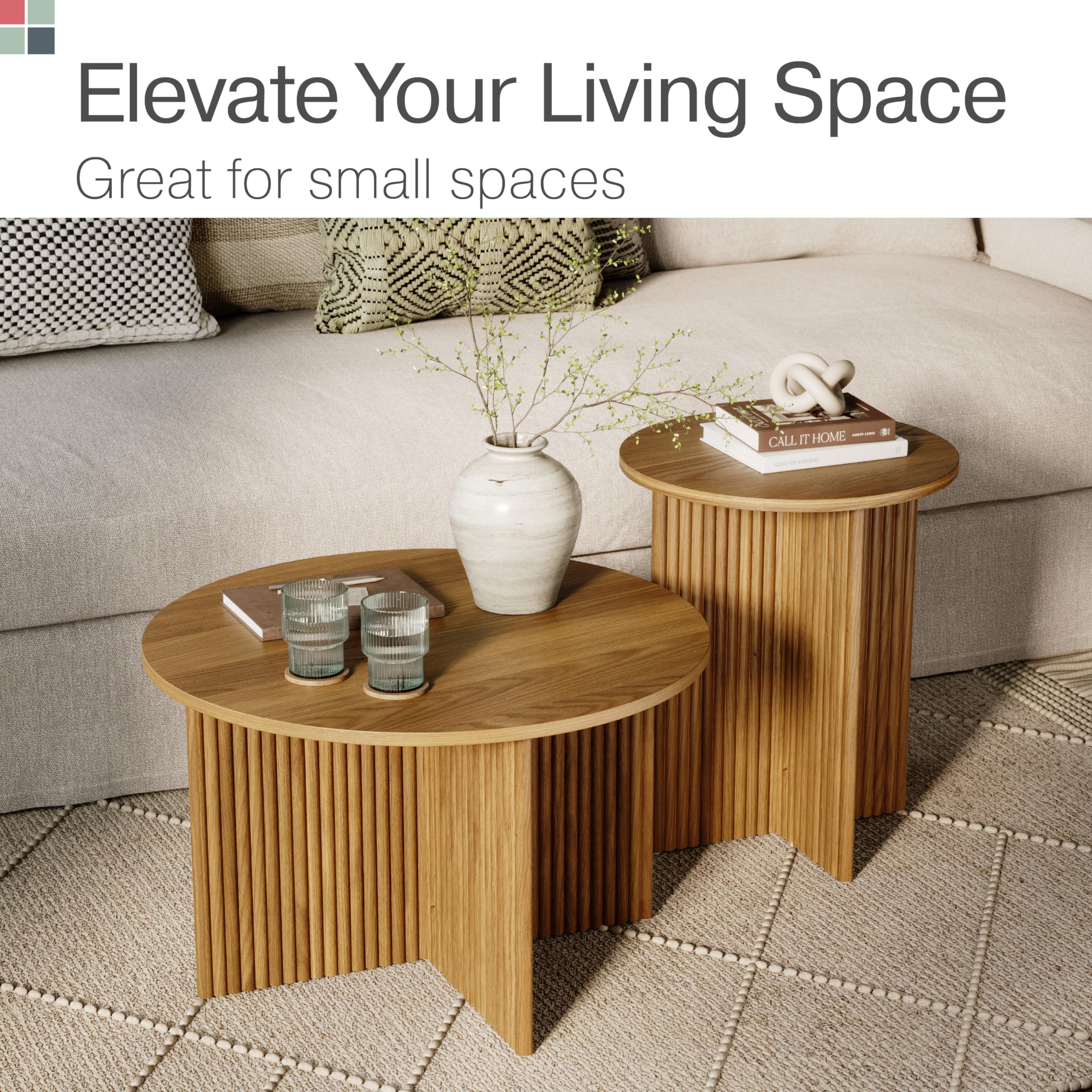 Modern Round Fluted Nesting Coffee Table Set of 2 - Solid Wood Base with Wood Grain Veneer Top in Medium Oak - Stylish Living Room Furniture for Small Spaces - Perfect for Coffee, Books, and Living Room Decor