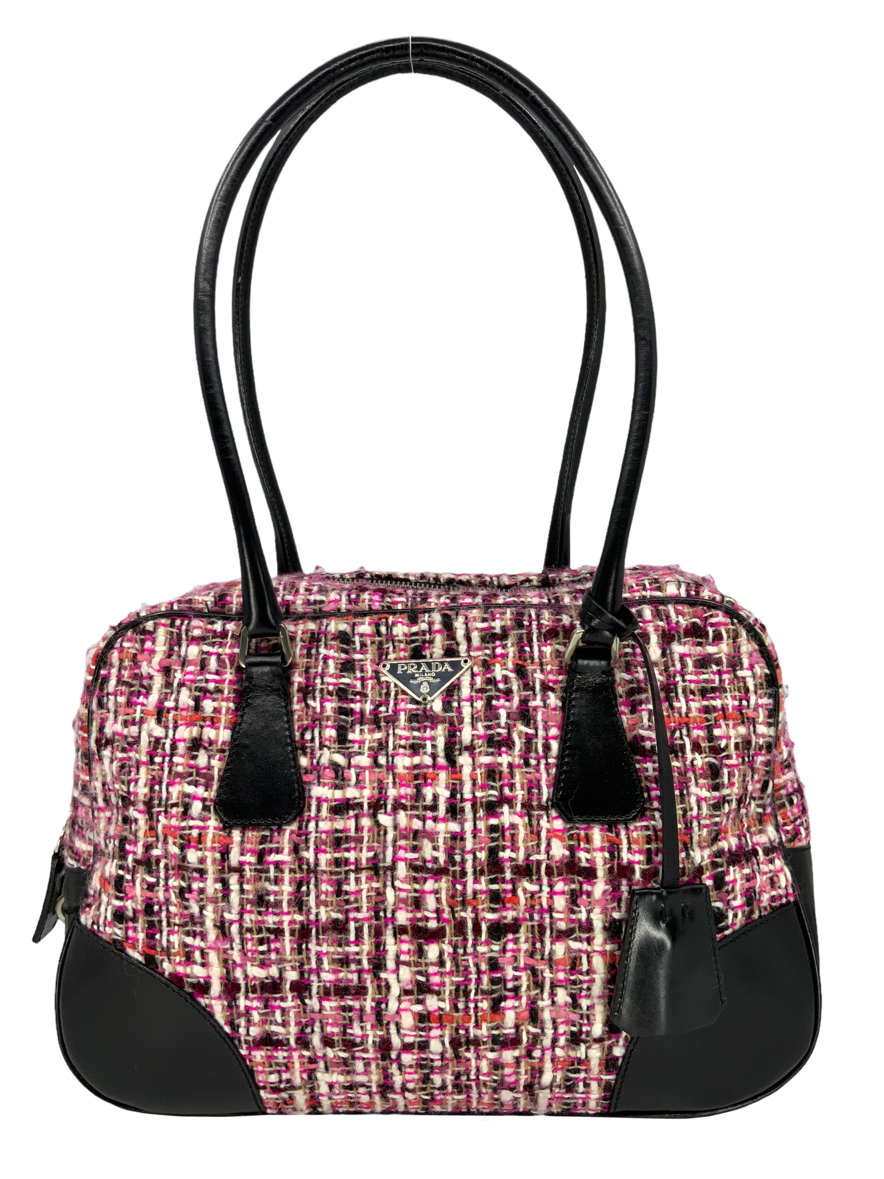 PRADA Tweed Leather Boston Bag for Women - Luxury Designer Handbag for Work, Travel & Everyday Use