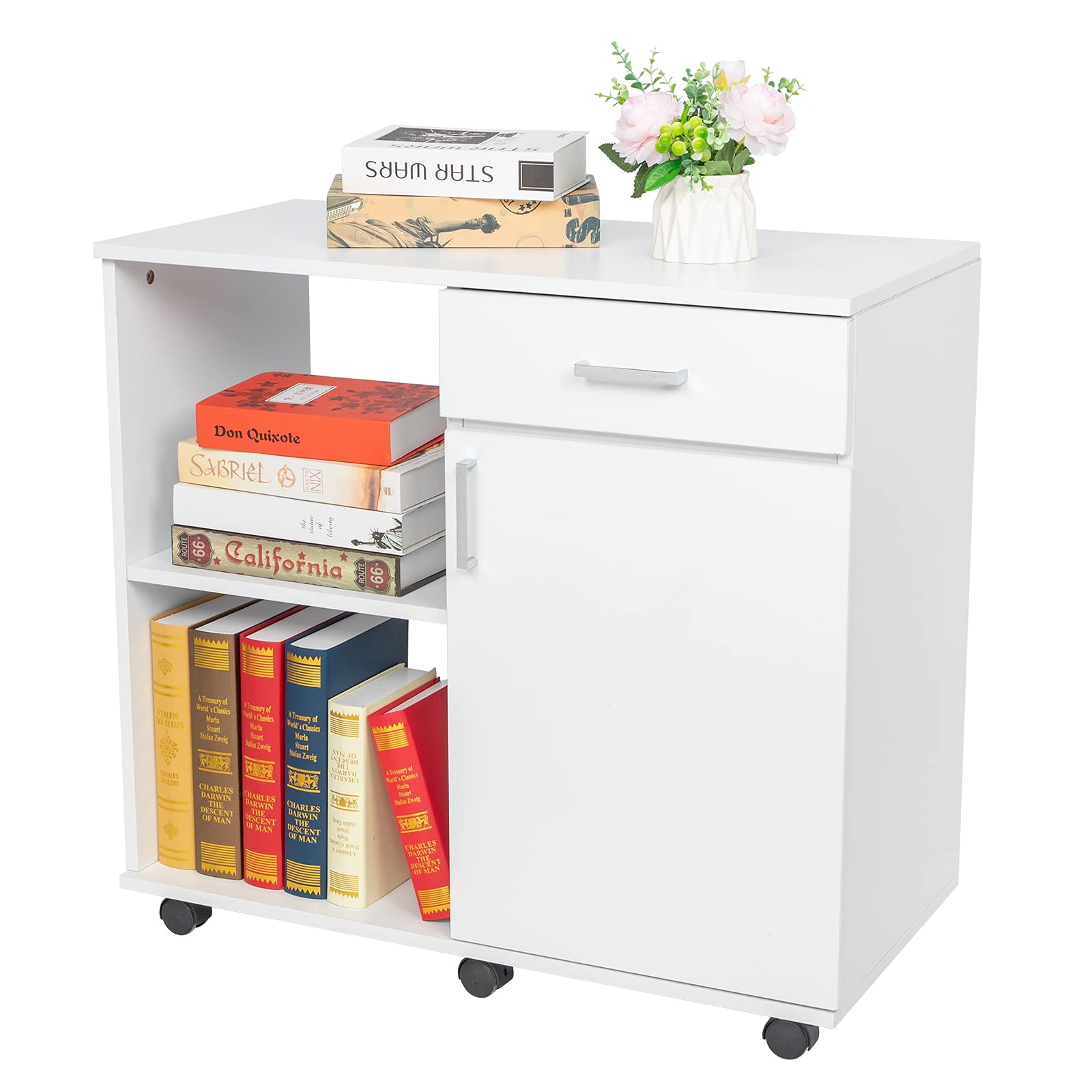 Wooden Mobile Lateral File Cabinet with Adjustable Shelf & Storage - Rolling File Cabinet on Wheels for Home Office, Printer Stand & Document Organization