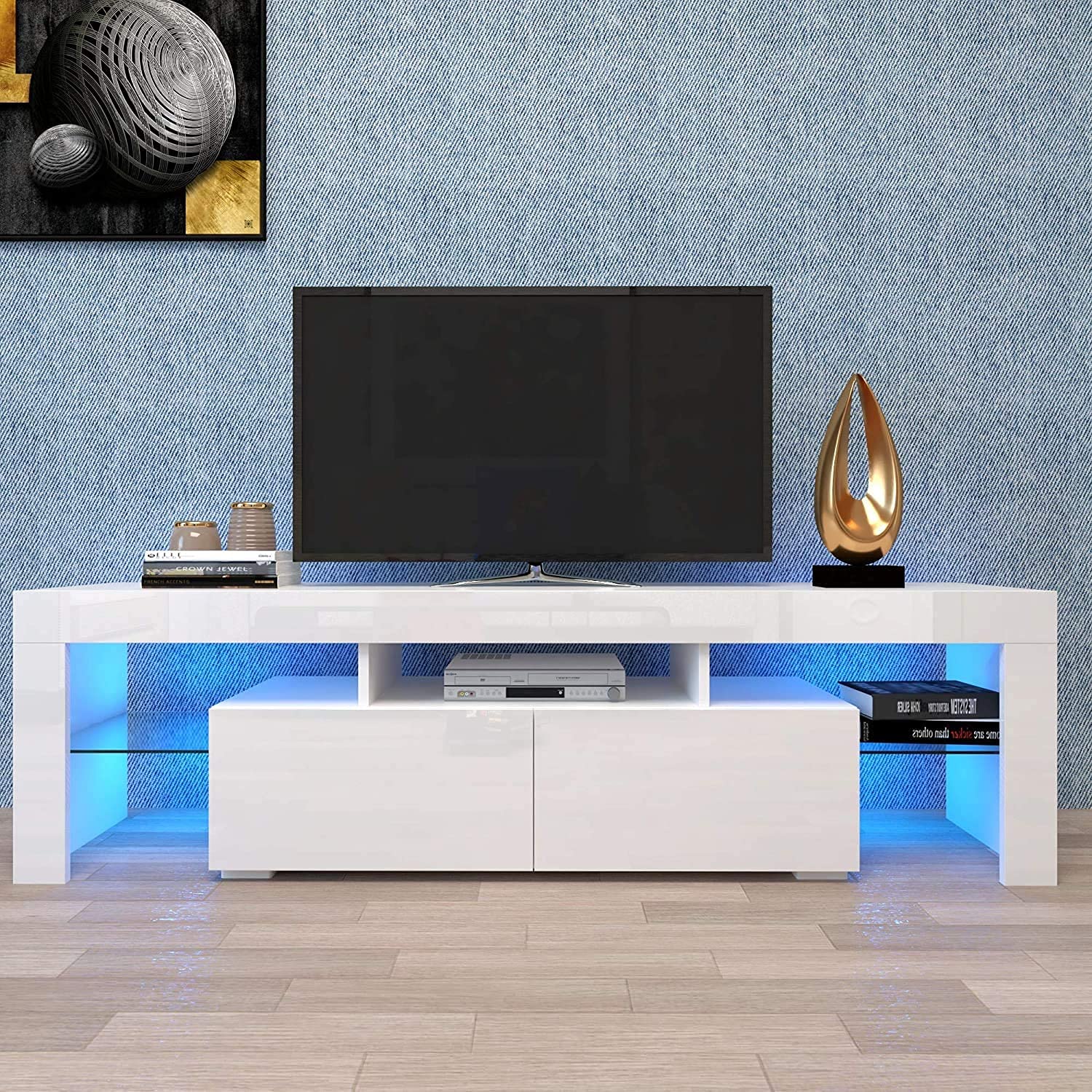 65 Inch TV Stand with LED Lights - Modern High Gloss Entertainment Center & Media Console Table with Storage Cabinet - Perfect for Living Room, Home Theater & Gaming Setup