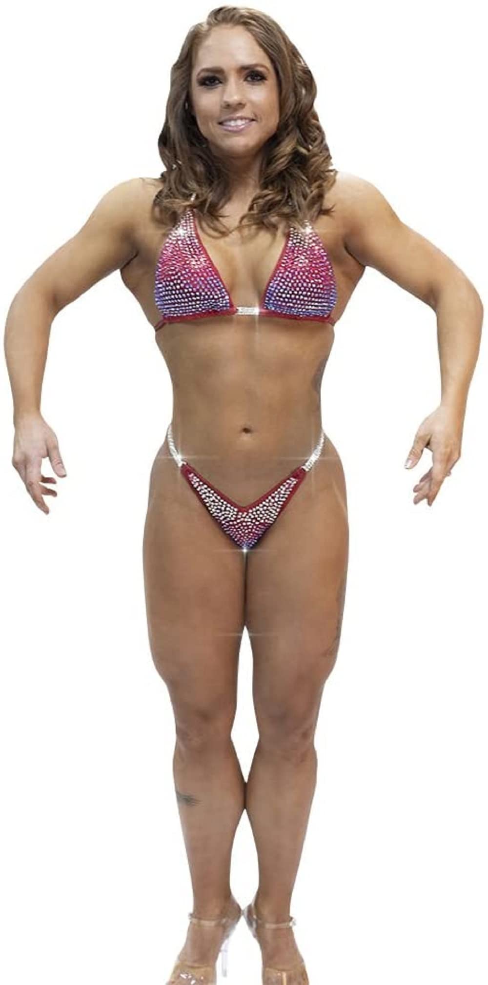Red Ombre Colored Stones Figure Competition Bikini - NPC Physique Posing Suit for Bodybuilding & Fitness Shows | Perfect for Stage Performances, Photo Shoots & Professional Competitions