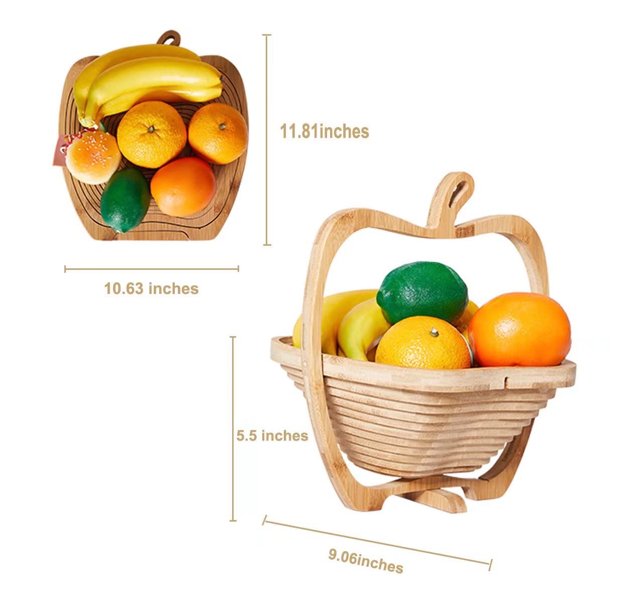Foldable Bamboo Fruit Basket - Apple Shaped Collapsible Dried Fruit, Nuts & Candy Bowl | Wooden Snack Box for Kitchen Counter, Dining Table & Party Serving | Perfect for Fruits, Bread, Snacks & Gift Giving