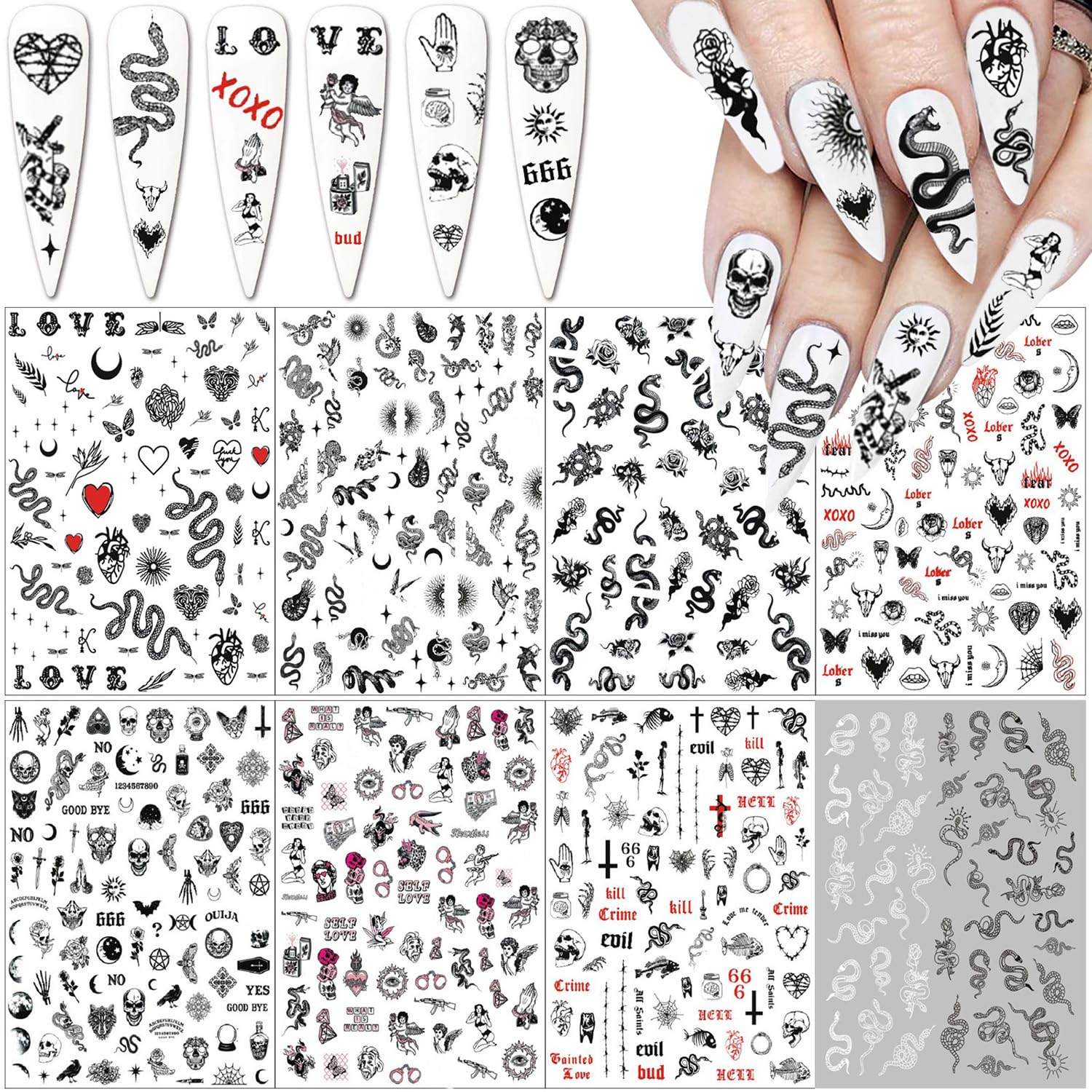 Gothic 3D Nail Art Stickers - Dark Skull, Heart, Cupid, Lips & Moon Designs - Acrylic Nail Decals for Halloween & Gothic Parties (8 Sheets) - Perfect for DIY Nail Art, Costume Events & Alternative Fashion