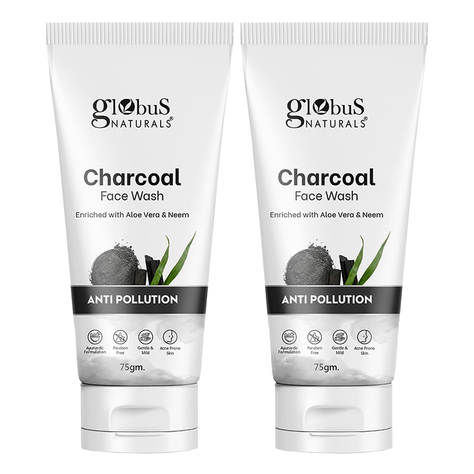 Globus Naturals Anti-Pollution Charcoal & Tea Tree Oil Face Wash for Oily & Acne-Prone Skin - 75g (Pack of 2) | Deep Cleansing, Detoxifying & Oil Control for Daily Skincare Routine