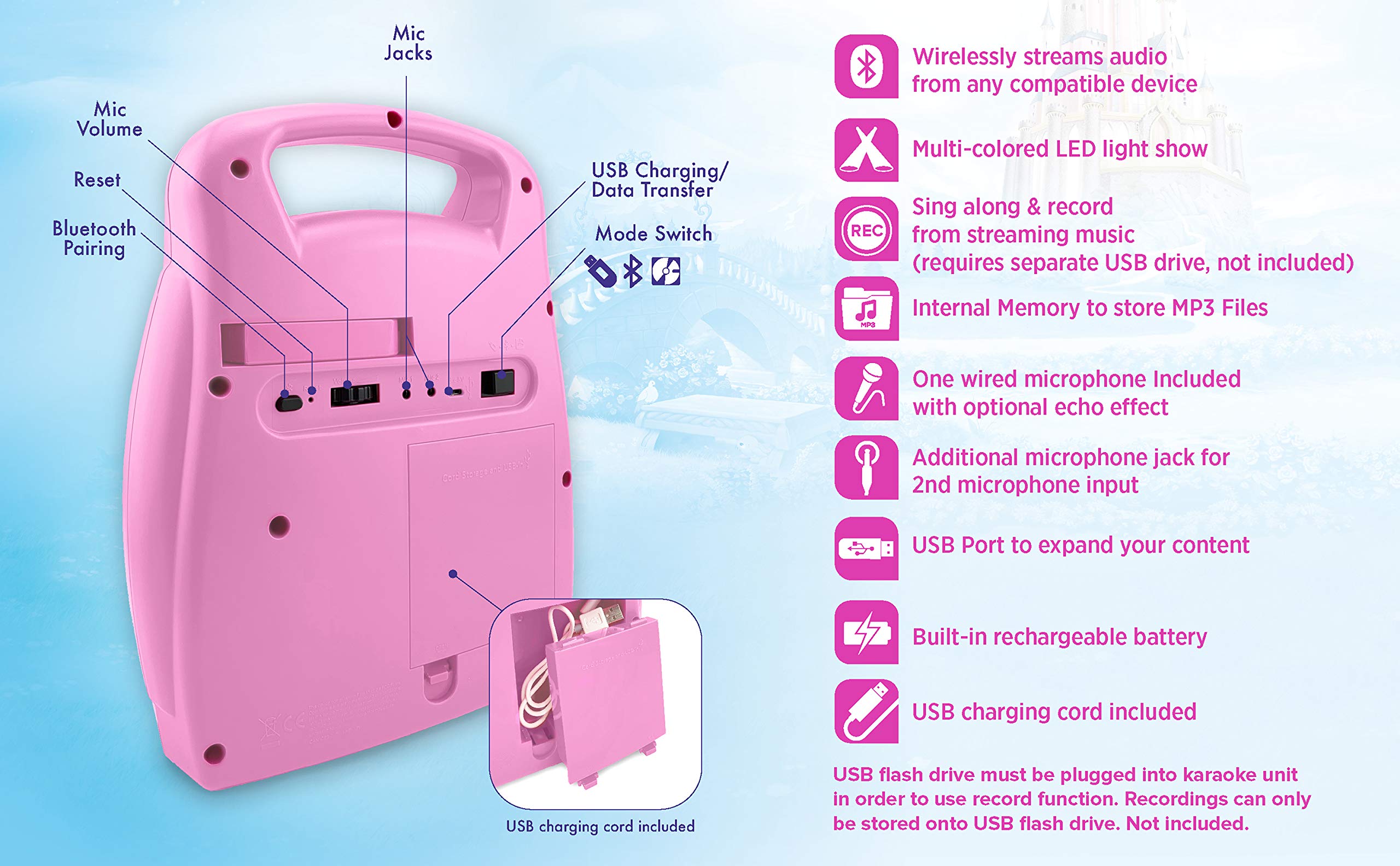 eKids Disney Princess Karaoke Machine for Kids - Bluetooth Speaker with Wireless Microphone, Karaoke Recorder & USB Port to Save Performances | Perfect Disney Princess Gift for Birthday Parties, Playdates & Family Fun Nights