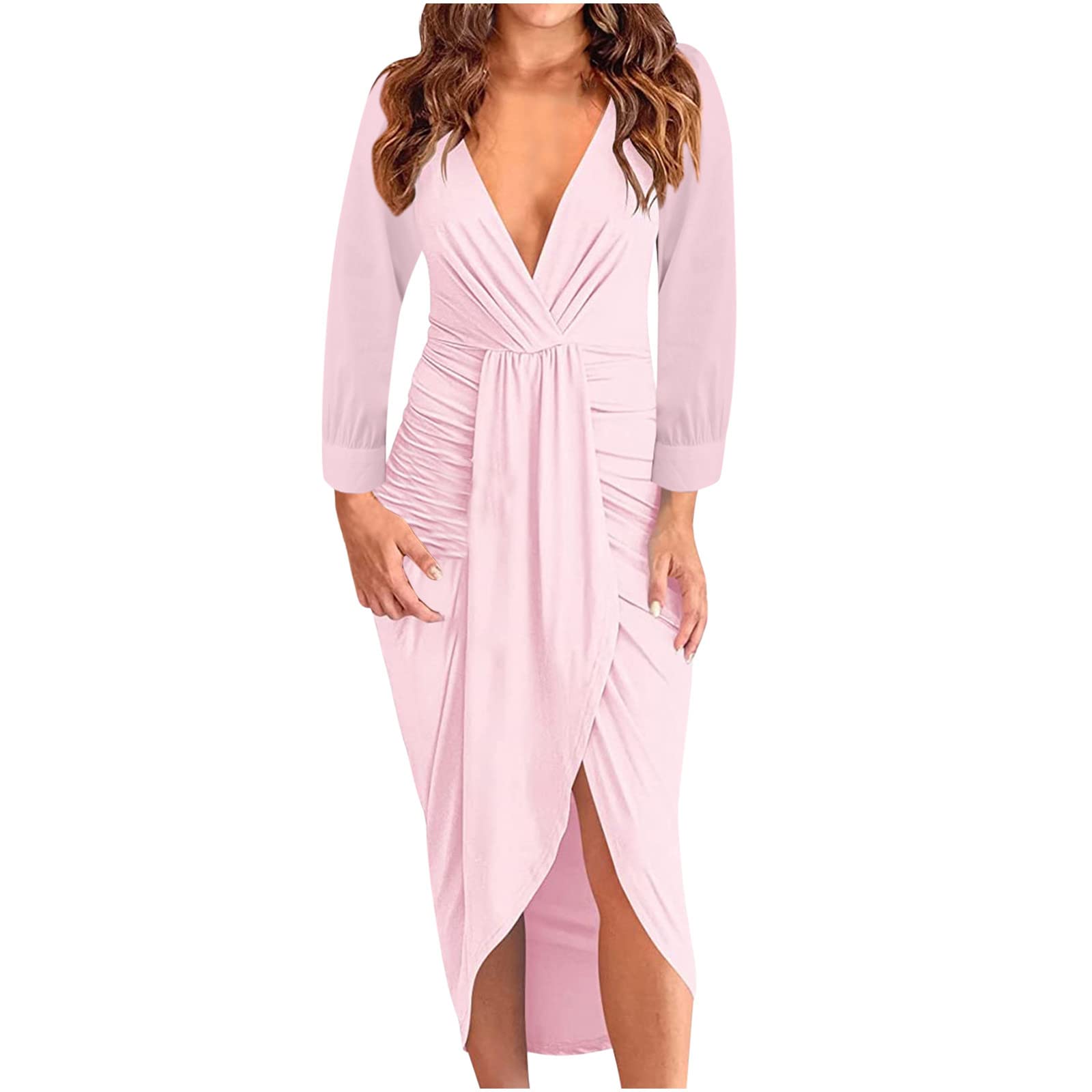 JUPAOPON Women's Wrap Dress 2022 - V Neck, Solid Color, Long Sleeve, Waist Bandage, Slit Design | Perfect for Fall, Evening Parties & Special Occasions