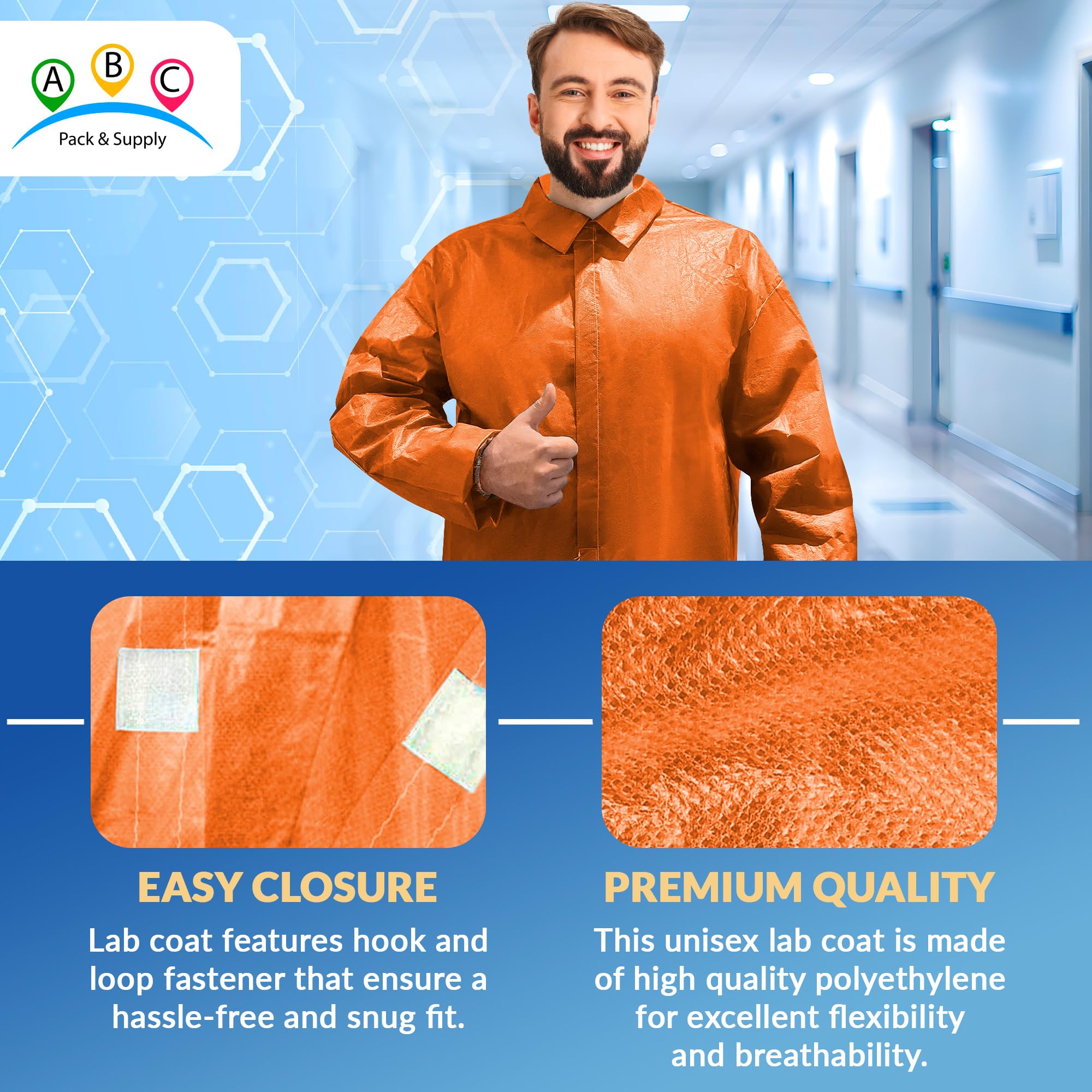 ABC PACK & SUPPLY Orange Disposable Lab Coats for Adults - 3X-Large (Pack of 50) | Polyethylene Coated Polypropylene | Medical Grade | Hook & Loop Closure | No Pockets | Ideal for Laboratories, Cleanrooms & Healthcare Facilities