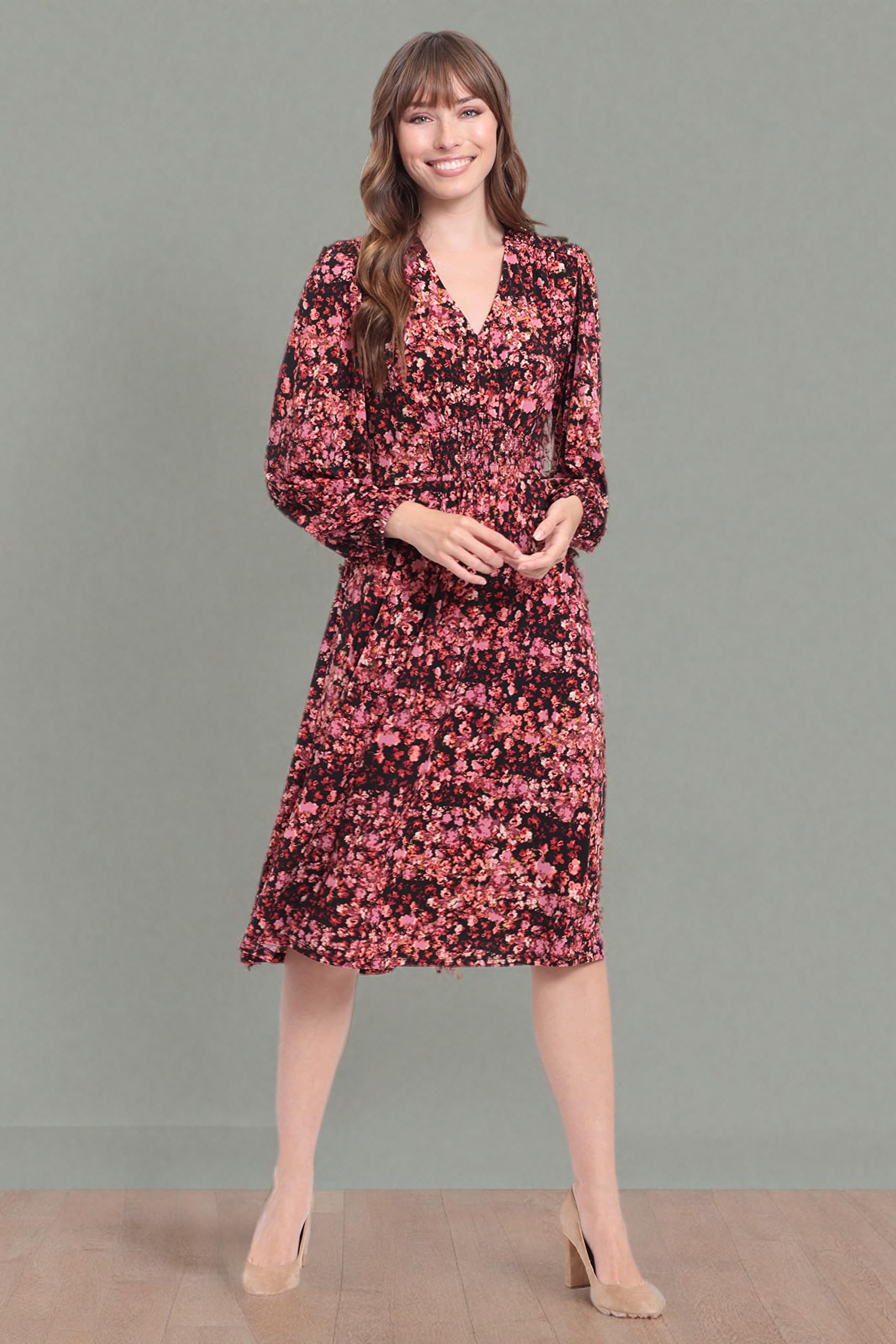 London Times Women's Smocked Empire Waist Fit and Flare Dress - Elegant Summer Midi Dress with Flowy Skirt for Weddings, Parties & Date Nights