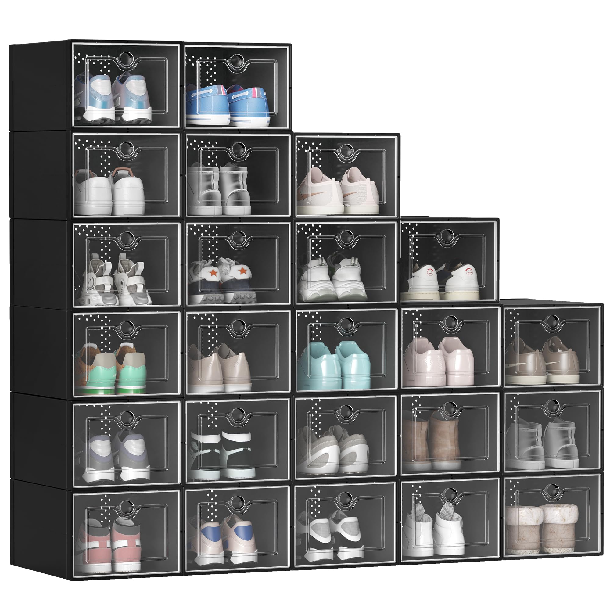 YITAHOME XL 24-Pack Shoe Storage Boxes - Fits Up to US Men's Size 15, Stackable Plastic Shoe Organizer Bins with Clear Front for Sneakers & Boots - Perfect for Closet, Bedroom & Entryway Organization (Black)
