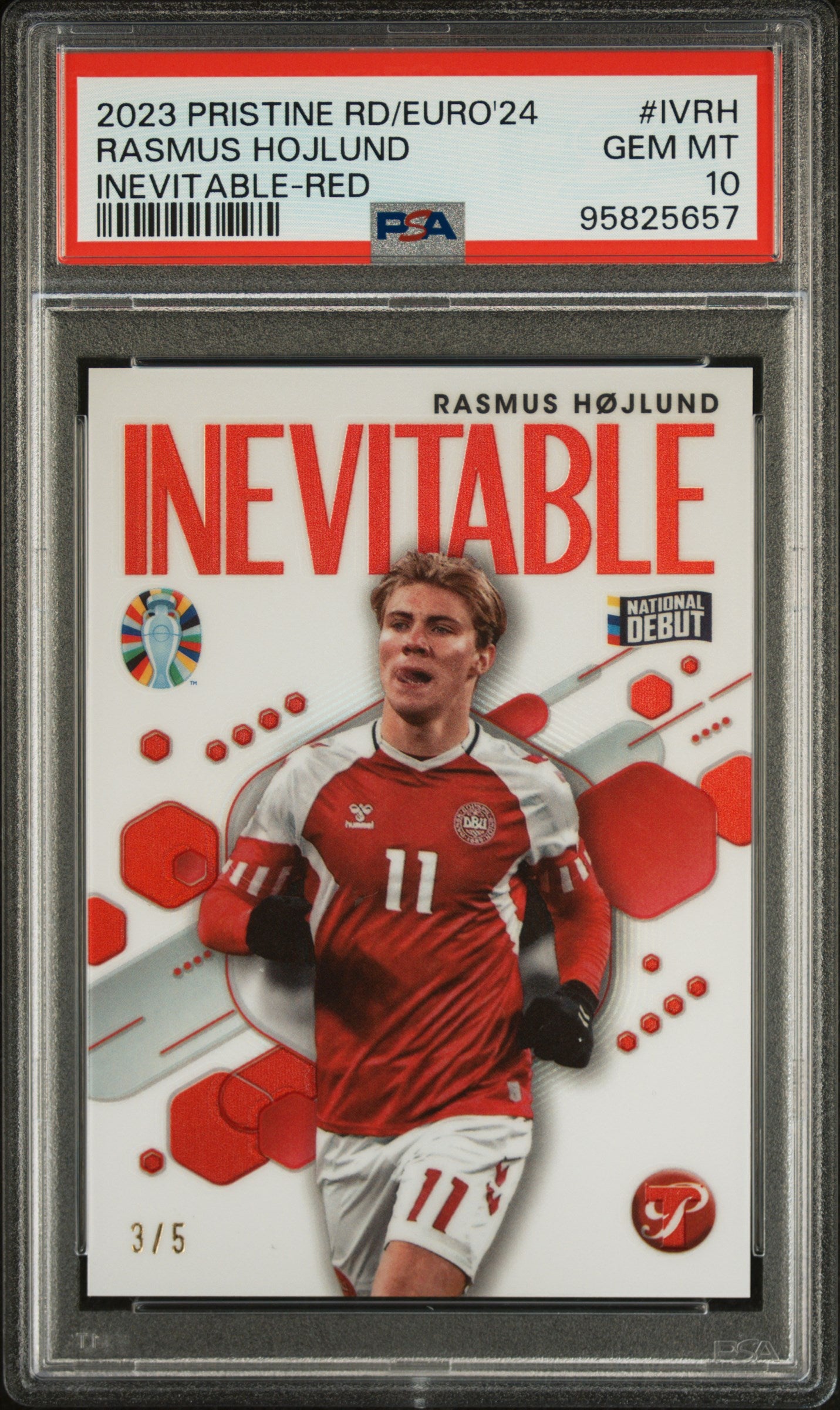 Topps Rasmus Hojlund Red Inevitable Card /5 Pristine Road To Euros 2024 PSA 10 - Rare Soccer Trading Card for Collectors & UEFA Euro 2024 Fans