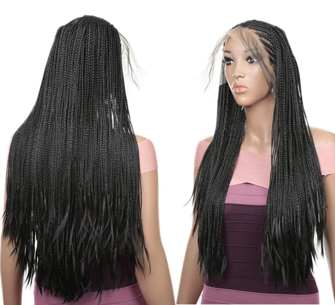 Extra Long 32inch Braided Box Braids Wigs for Black Women - 13x4 Lace Front Synthetic Hair Wig with Baby Hair & Hand-Tied Locs - Lightweight Micro Braid Crochet Wig (Natural Black, 80cm) for Daily Wear, Parties & Protective Hairstyles