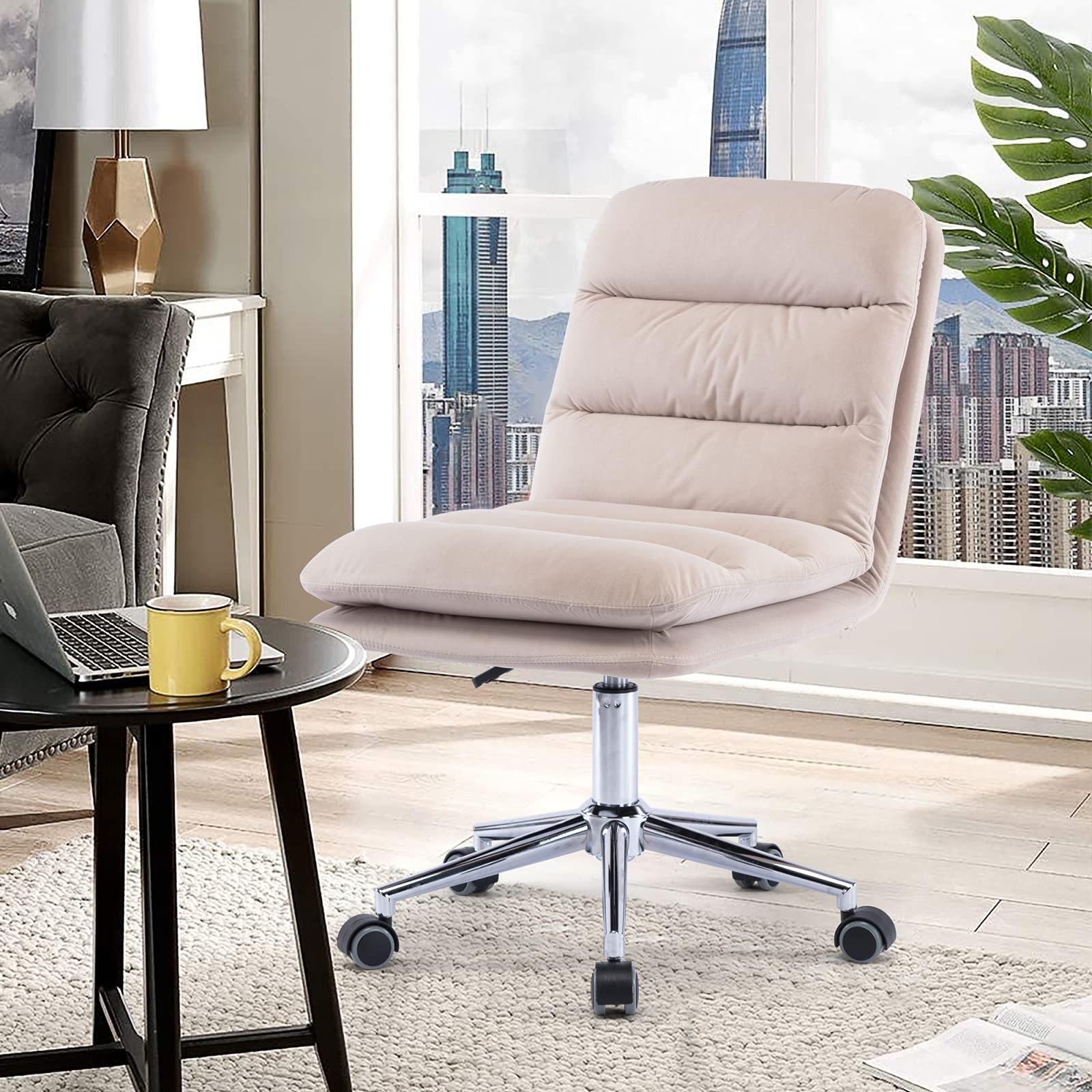 Lazyspace Velvet Office Chair with Silver Metal Base - Modern Adjustable Height Swivel Chair with Padded Back & Seat - Ergonomic Desk Chair for Home Office, Living Room & Bedroom - Soft Beige Velvet Upholstery - Perfect for Work, Study & Relaxation