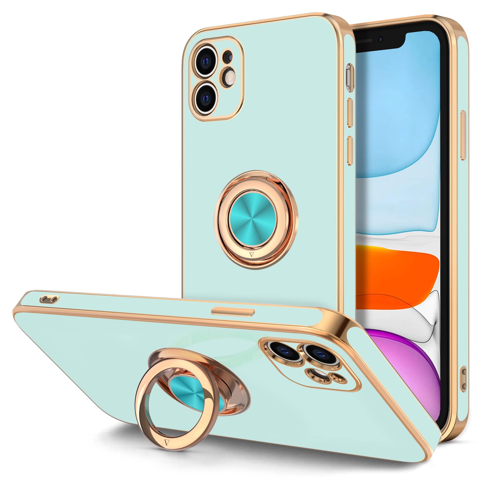 360° Rotatable Magnetic Ring Stand Case for iPhone 11 - Rose Gold Plated Edge, Slim Soft TPU Protective Cover for Women & Men | Perfect for Hands-Free Viewing, Secure Grip & Everyday Protection (Mint Green)