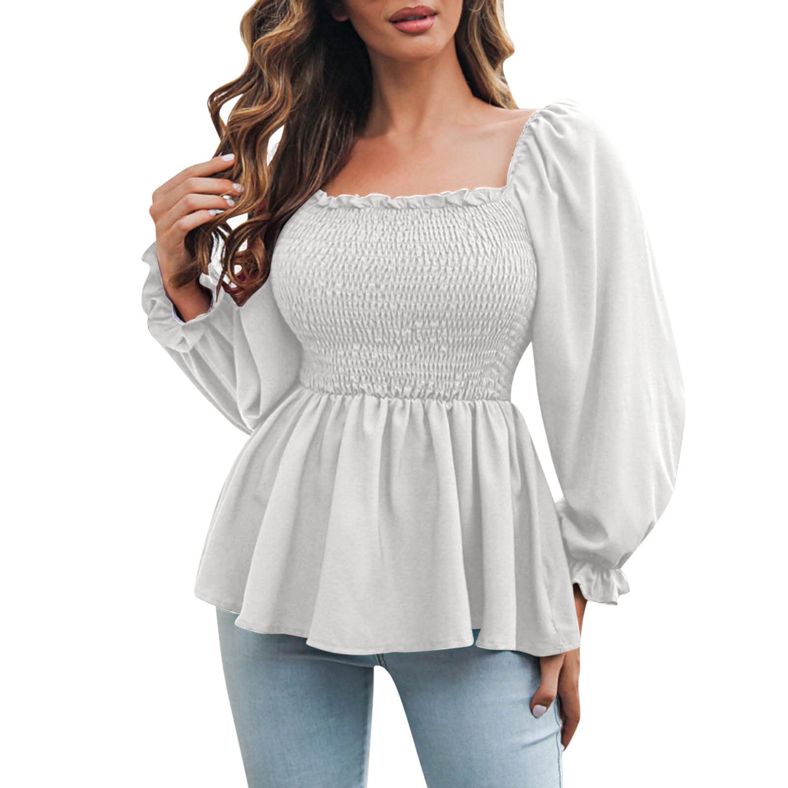 Women's Sexy Frill Blouse Crop Top - Vintage Square Neck Long Sleeve Ruched Workout T-Shirt for Yoga, Gym & Casual Wear