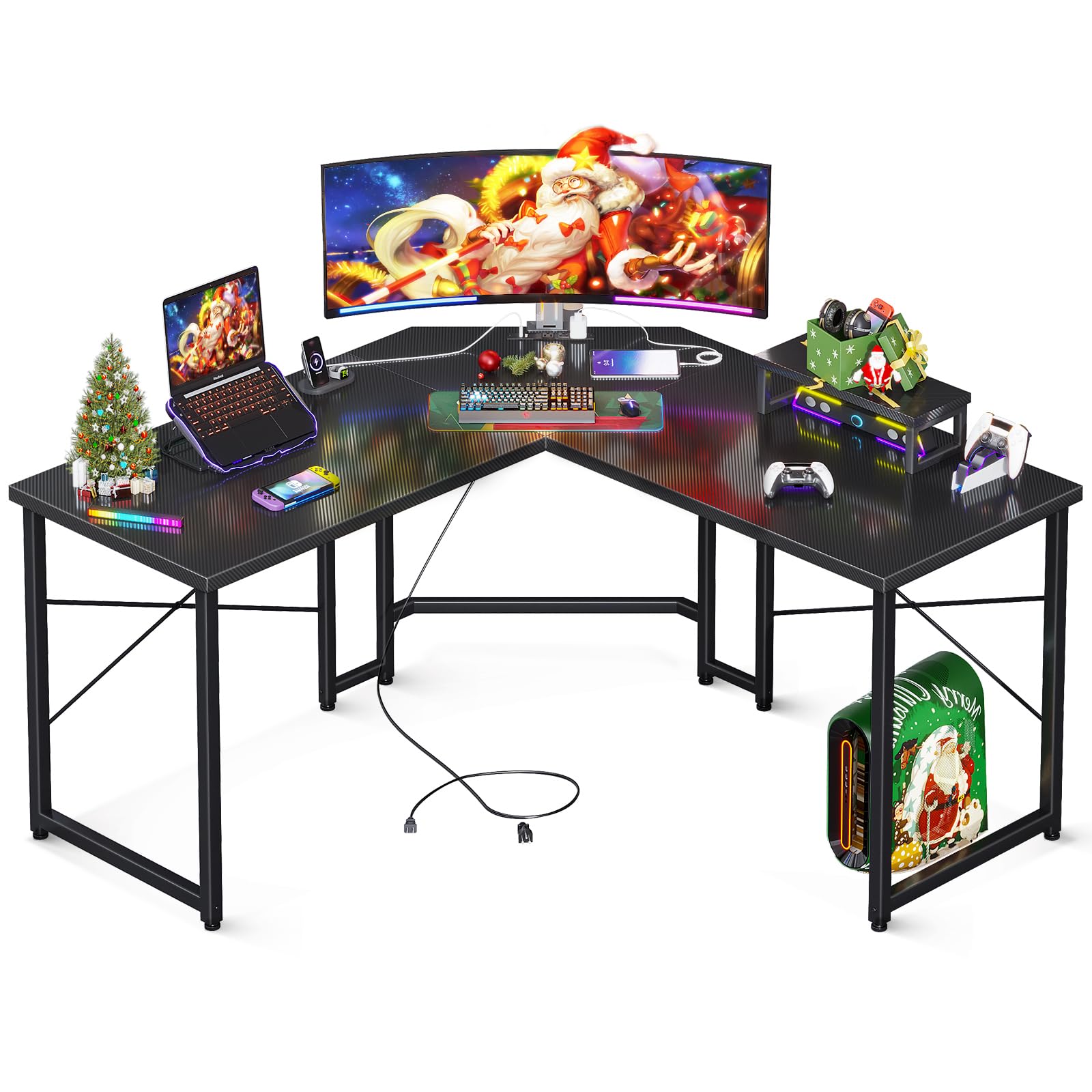 51 Inch L-Shaped Gaming Desk with Power Outlets & Monitor Stand - Carbon Fiber Computer Desk for Home Office, PC Gaming & Workstation - Sturdy Corner Writing Table (Black) - Perfect for Small Spaces & Multi-Monitor Setups