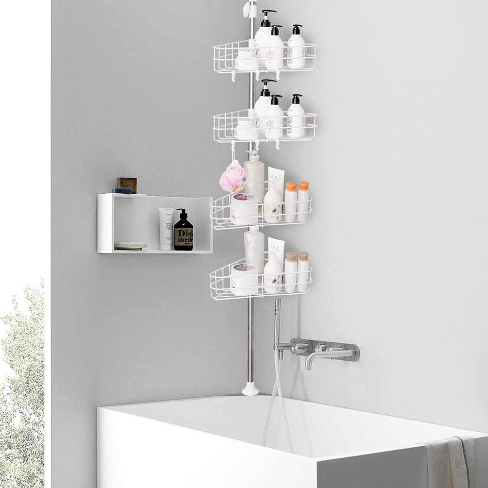BAOYOUNI 4-Tier Adjustable Shower Caddy Tension Pole Corner Shelf - Bathroom Organizer for Shampoo, Soap & Toiletries - No Drilling Space-Saving Floor to Ceiling Storage Rack - Perfect for Small Bathrooms & Bathtub Organization (White)