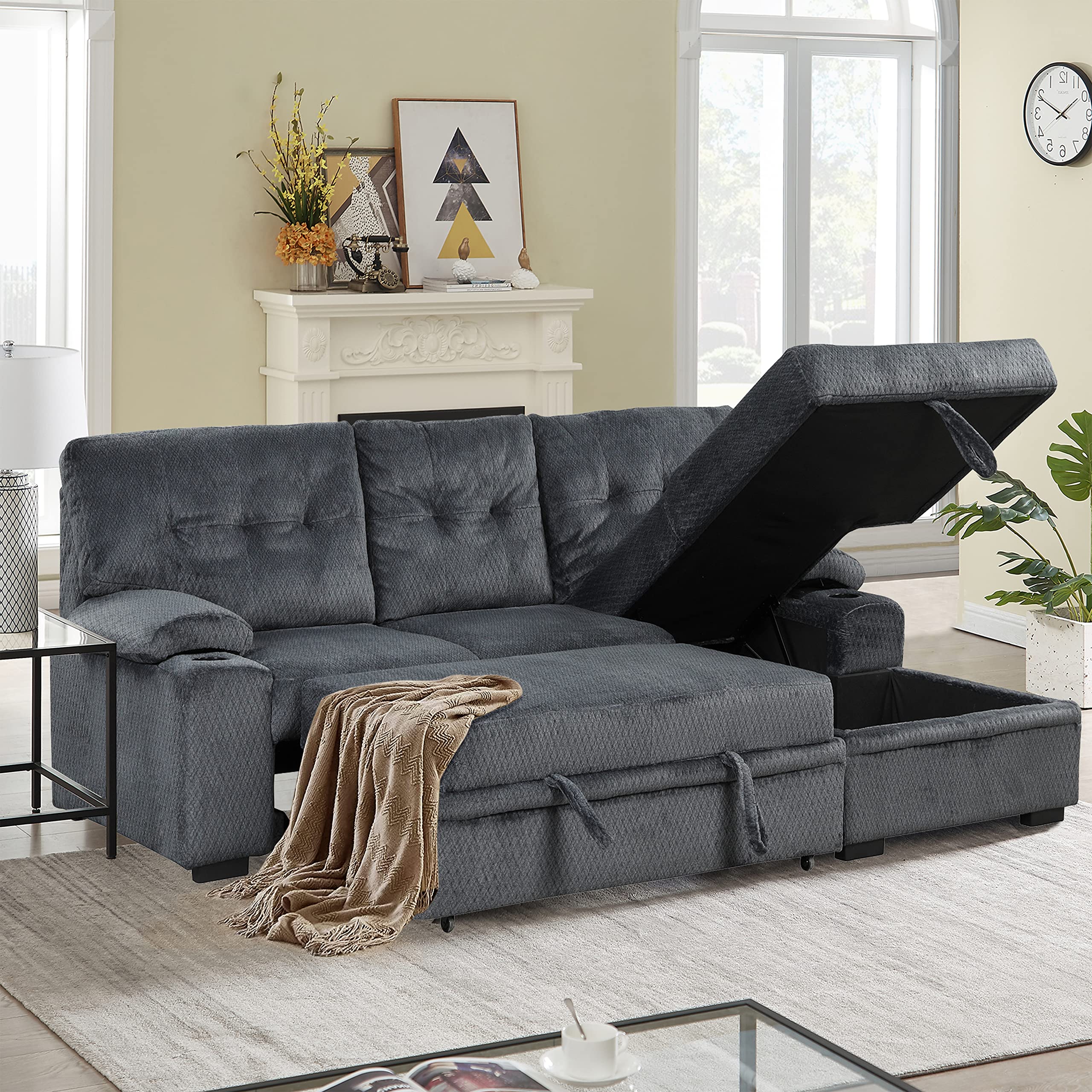 EMKK Modular L-Shaped Sectional Sofa with Storage Chaise & Cup Holders - Modern Sleeper Couch for Living Room, Apartment & Office (Gray) | Perfect for Small Spaces, Movie Nights & Overnight Guests
