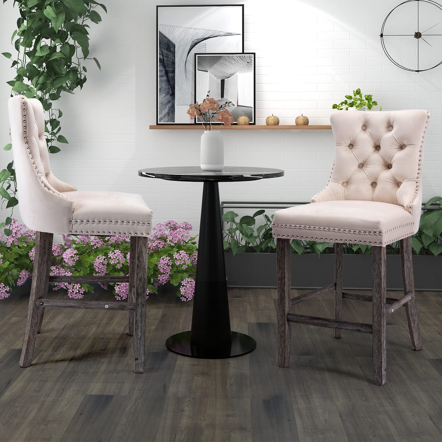 Velvet Bar Stools with Studs Trim & Wooden Legs - Set of 2 Tufted Dining Chairs for Kitchen Counter, Breakfast Nook & Home Bar Decor