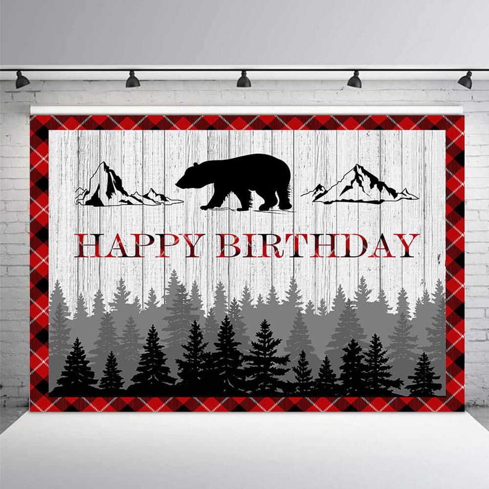 Woodland Lumberjack Happy Birthday Backdrop - Red Black Plaid Bear Camping Adventure Photo Background for Boys Birthday Party, Baby Shower & Tribal Themed Decor (7x5ft) - Perfect for Photo Studio, Outdoor Adventure Parties & Nursery Wall Decor